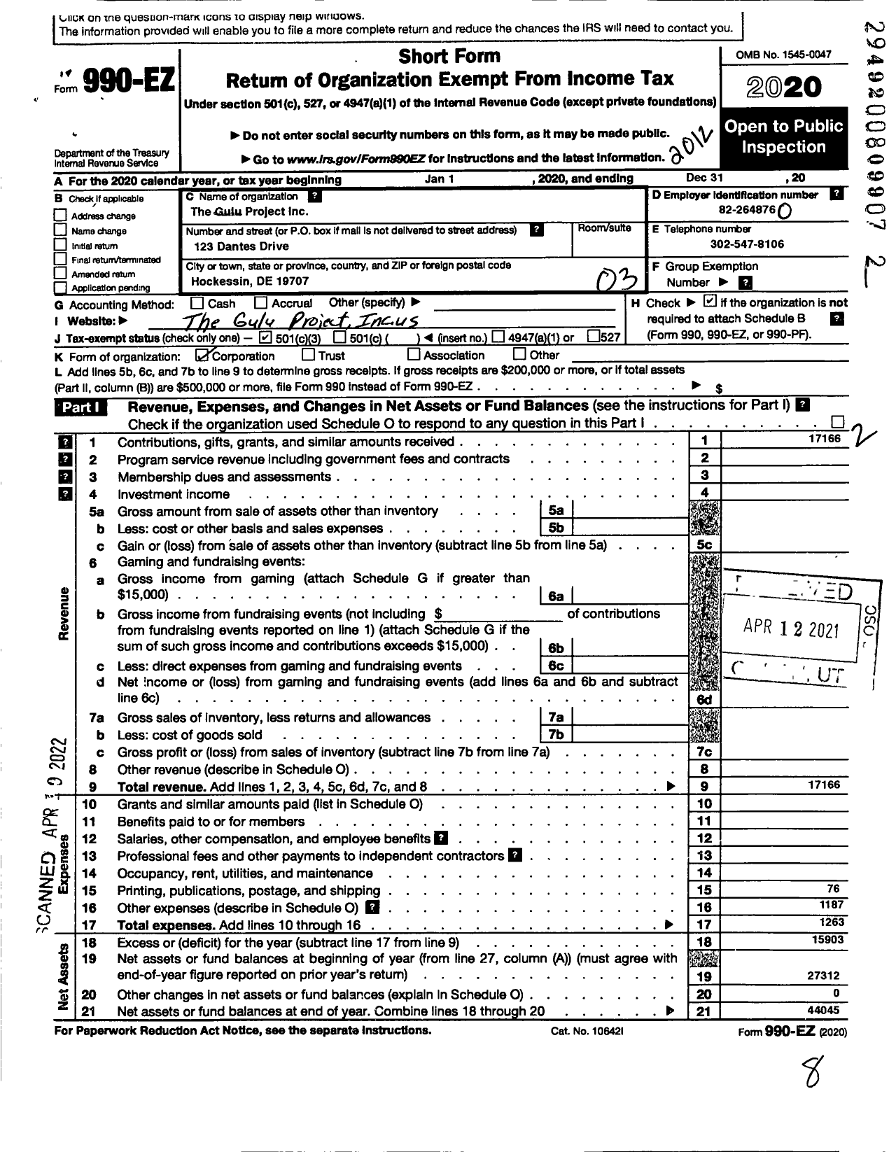 Image of first page of 2020 Form 990EZ for Gulu Project