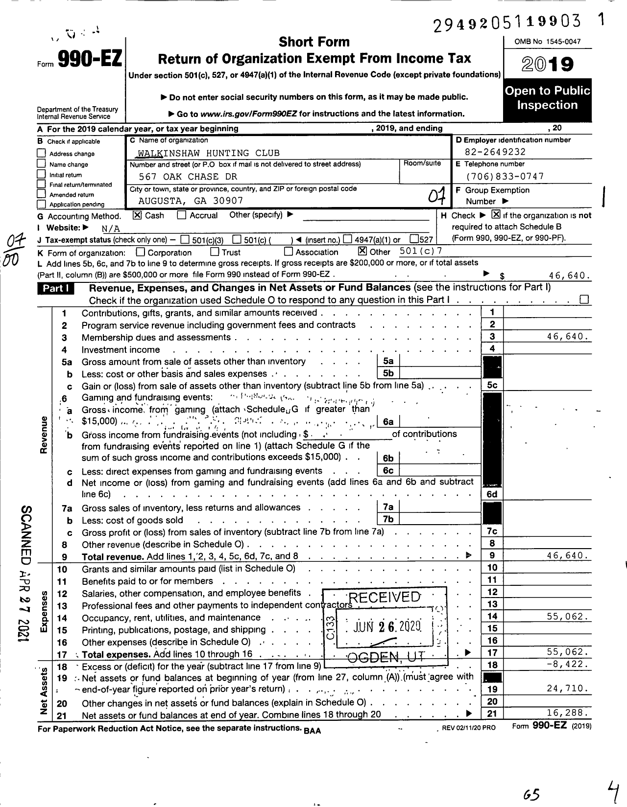 Image of first page of 2019 Form 990EO for Walkinshaw Hunting Club