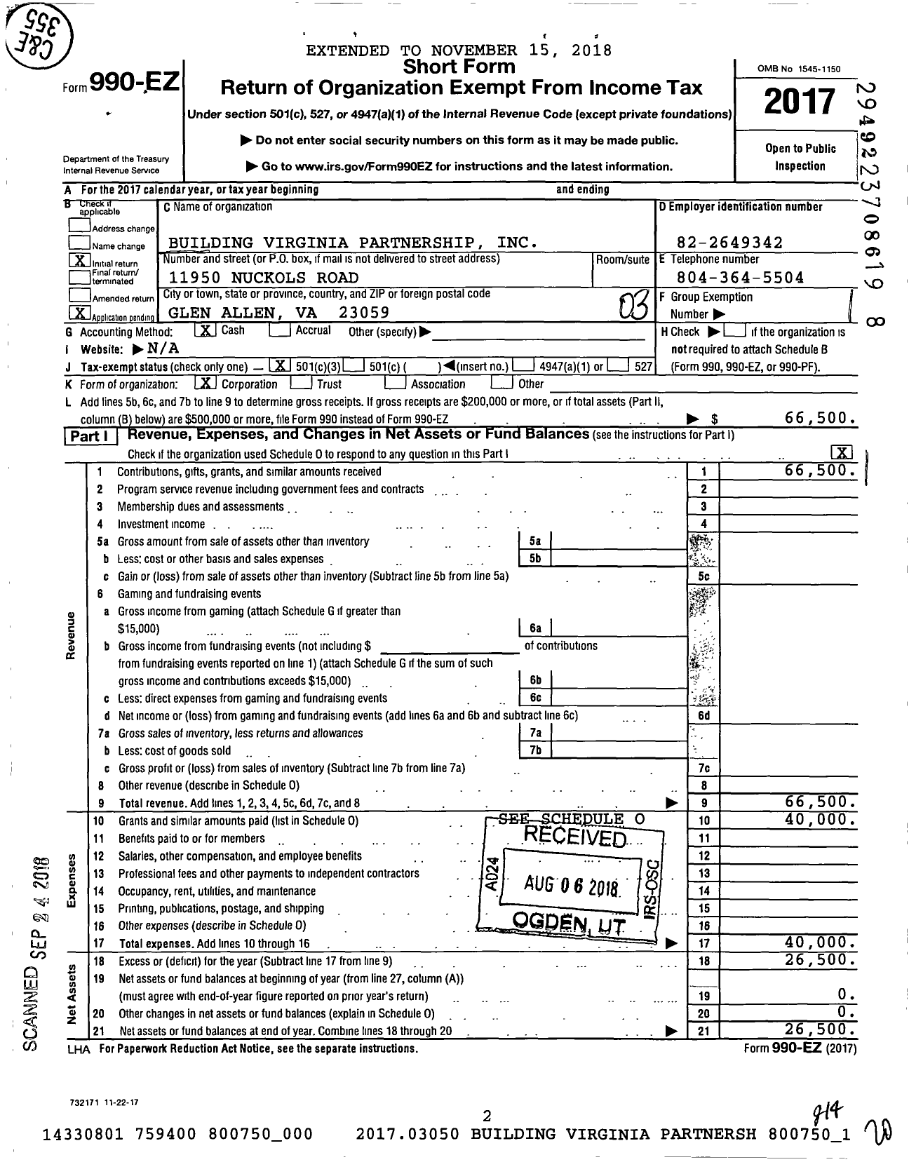 Image of first page of 2017 Form 990EZ for Building Virginia Partnership