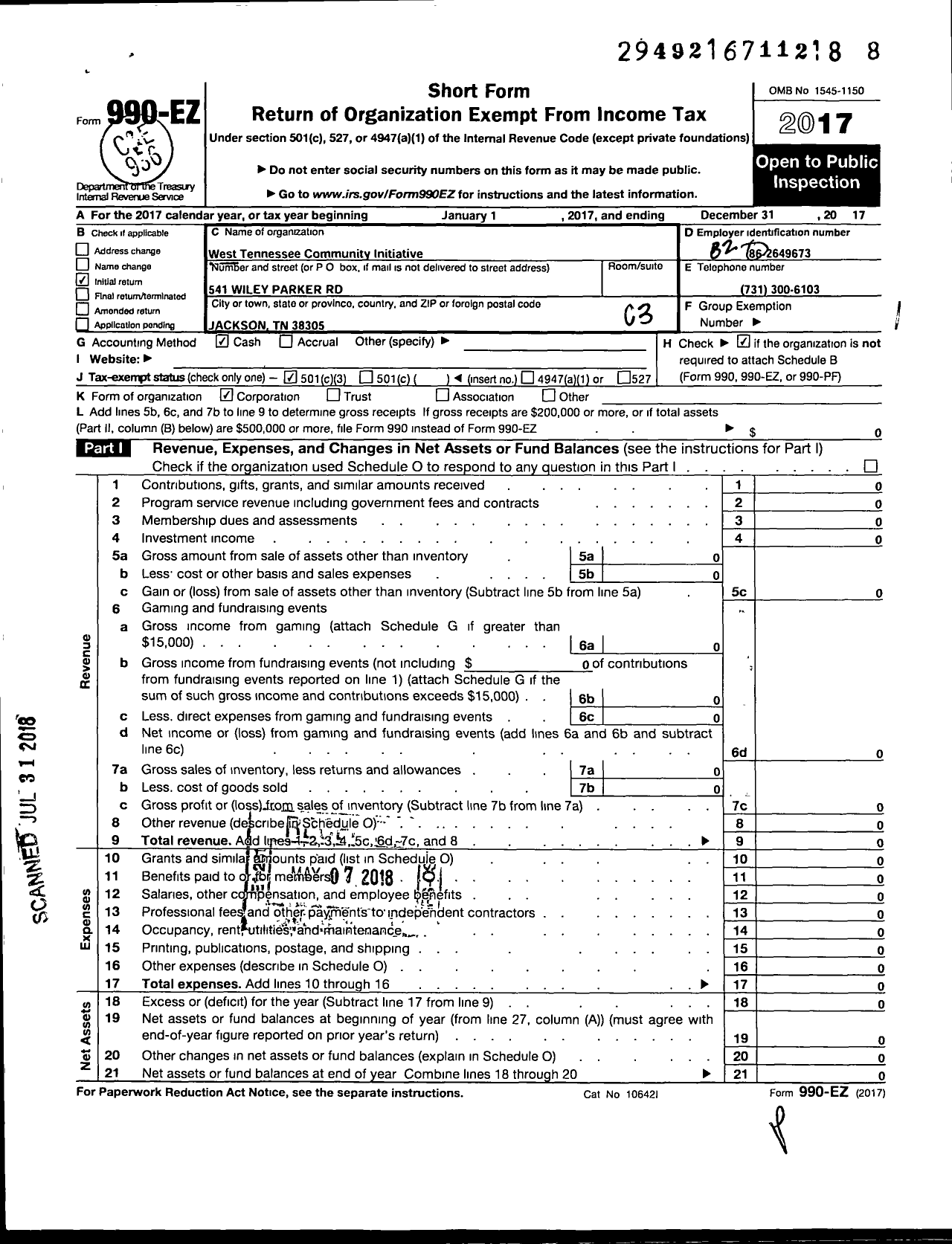 Image of first page of 2017 Form 990EZ for West Tennessee Community Initiative