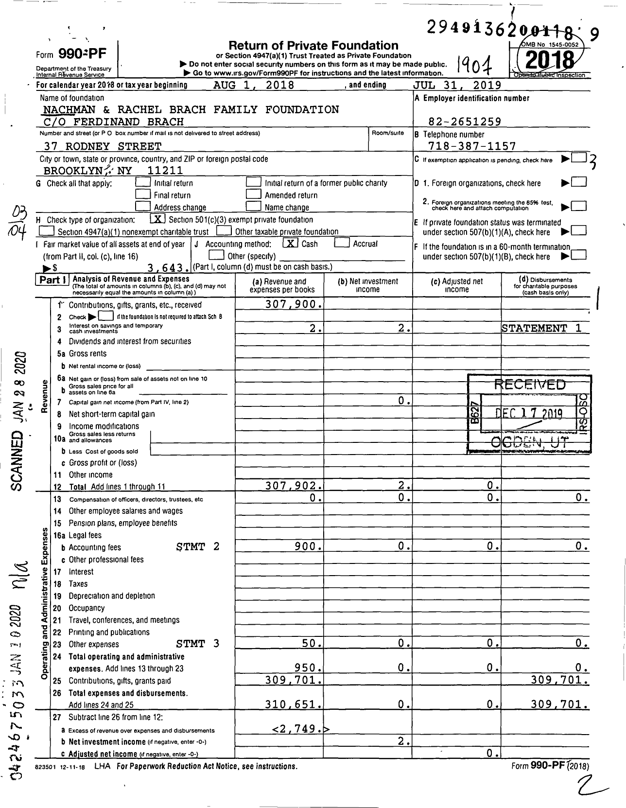 Image of first page of 2018 Form 990PF for Nachman and Rachel Brach Family Foundation