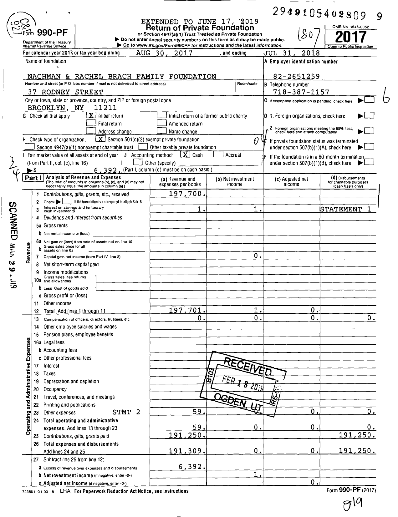 Image of first page of 2017 Form 990PF for Nachman and Rachel Brach Family Foundation