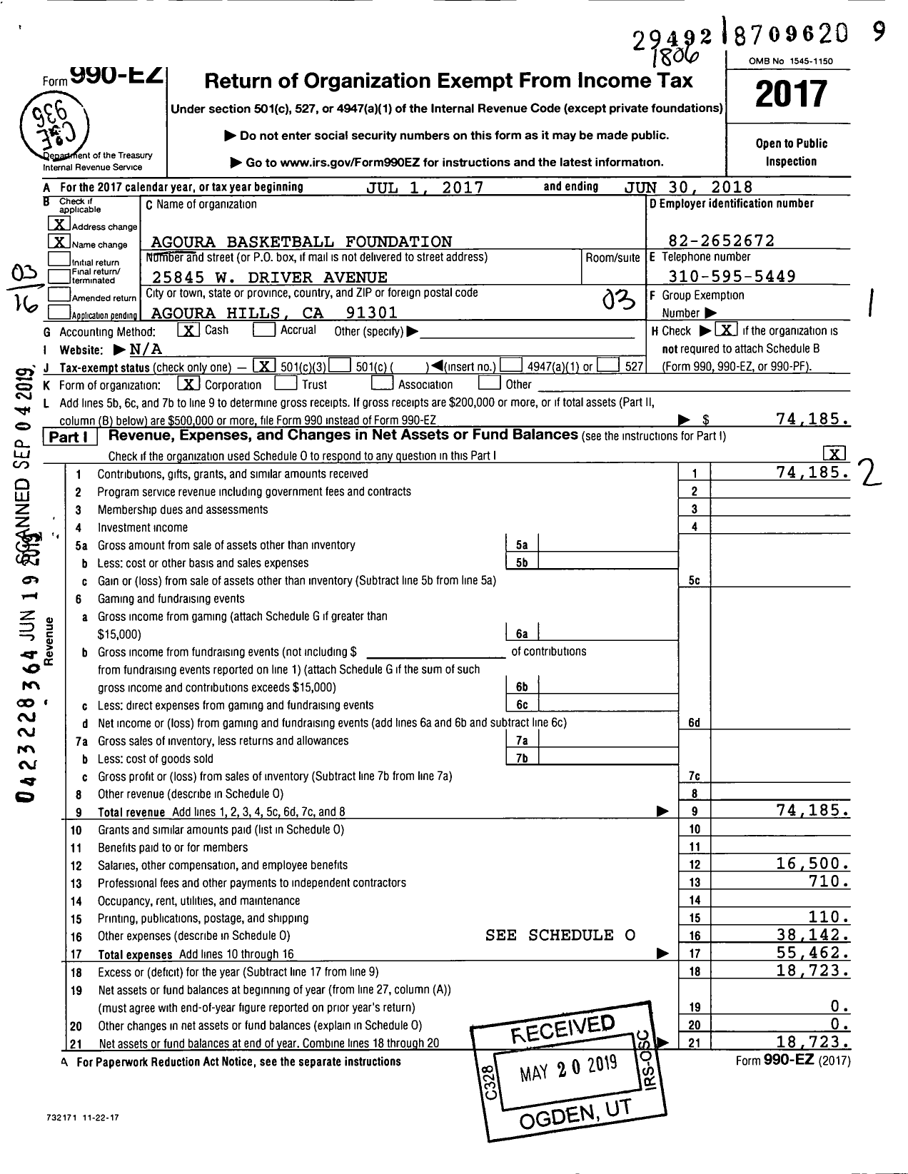 Image of first page of 2017 Form 990EZ for Agoura Basketball Foundation