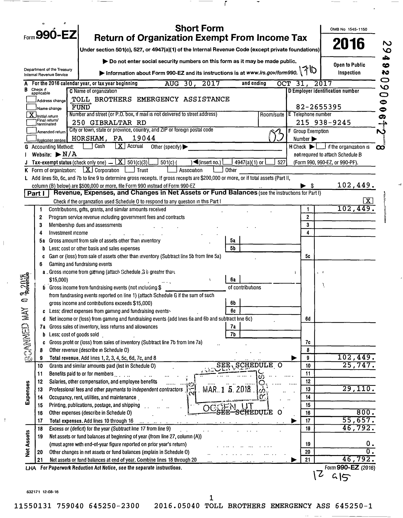 Image of first page of 2016 Form 990EZ for Toll Brothers Emergency Assistance Fund