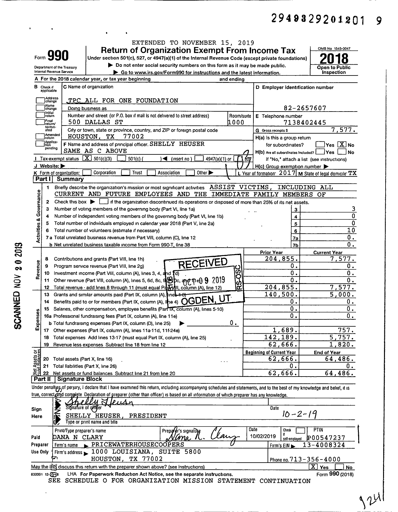 Image of first page of 2018 Form 990 for TPC All for One Foundation