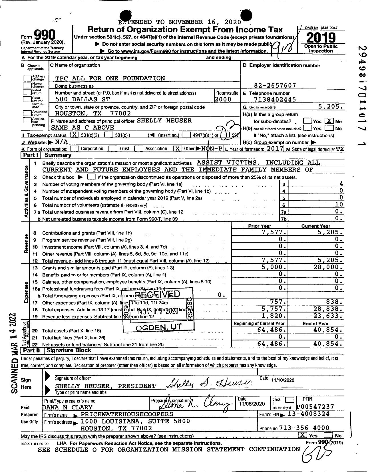 Image of first page of 2019 Form 990 for TPC All for One Foundation