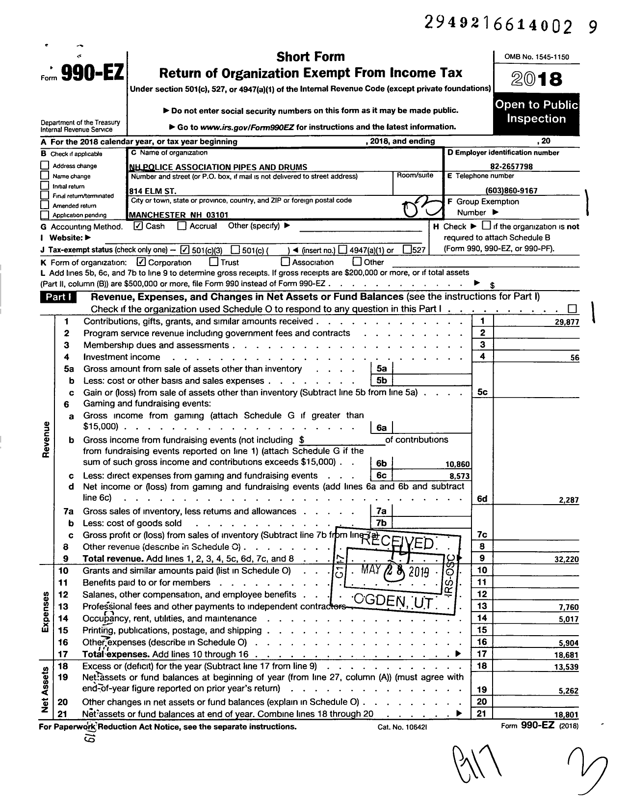 Image of first page of 2018 Form 990EZ for The New Hampshire Police Association Pipes and Drums