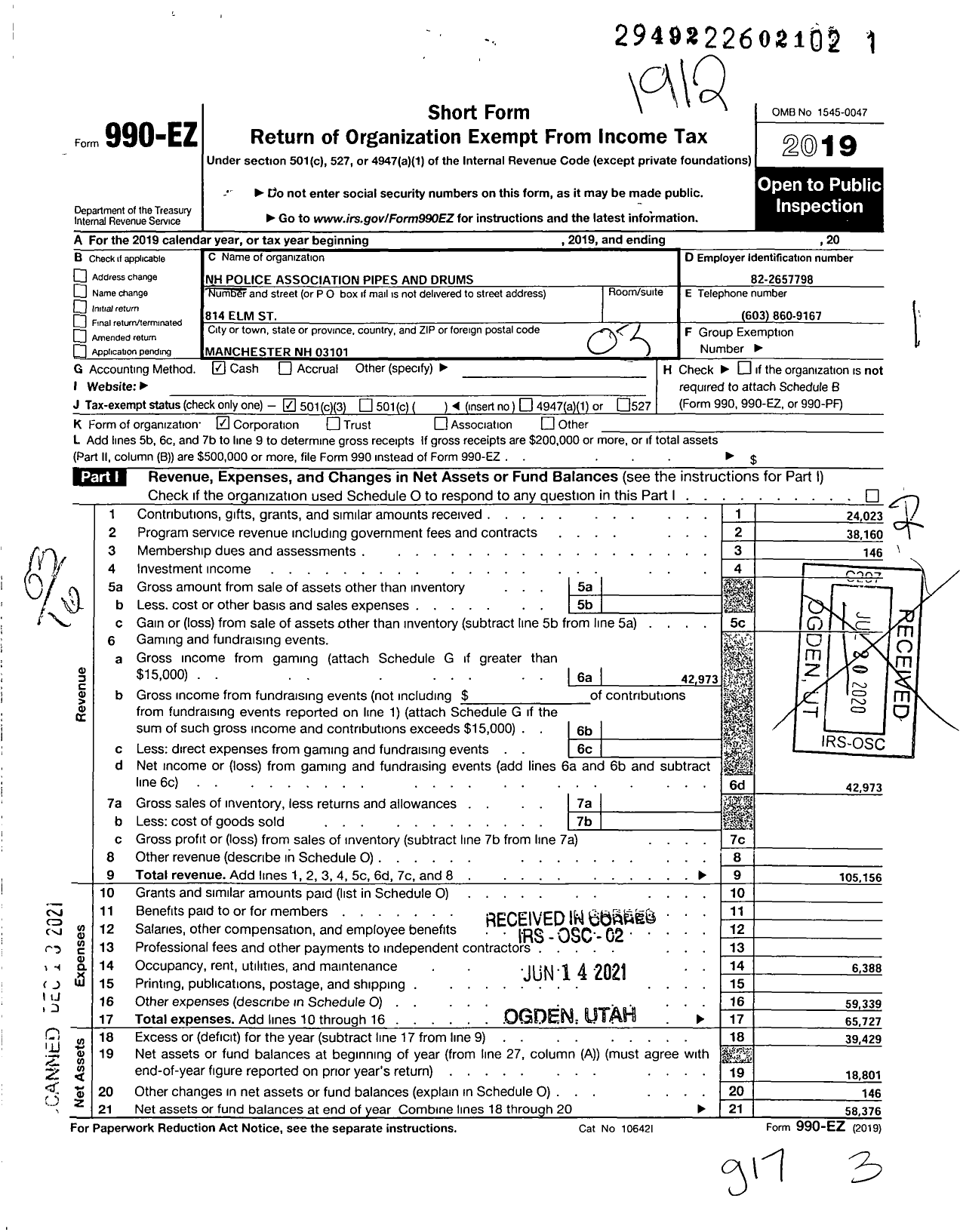 Image of first page of 2019 Form 990EZ for The New Hampshire Police Association Pipes and Drums