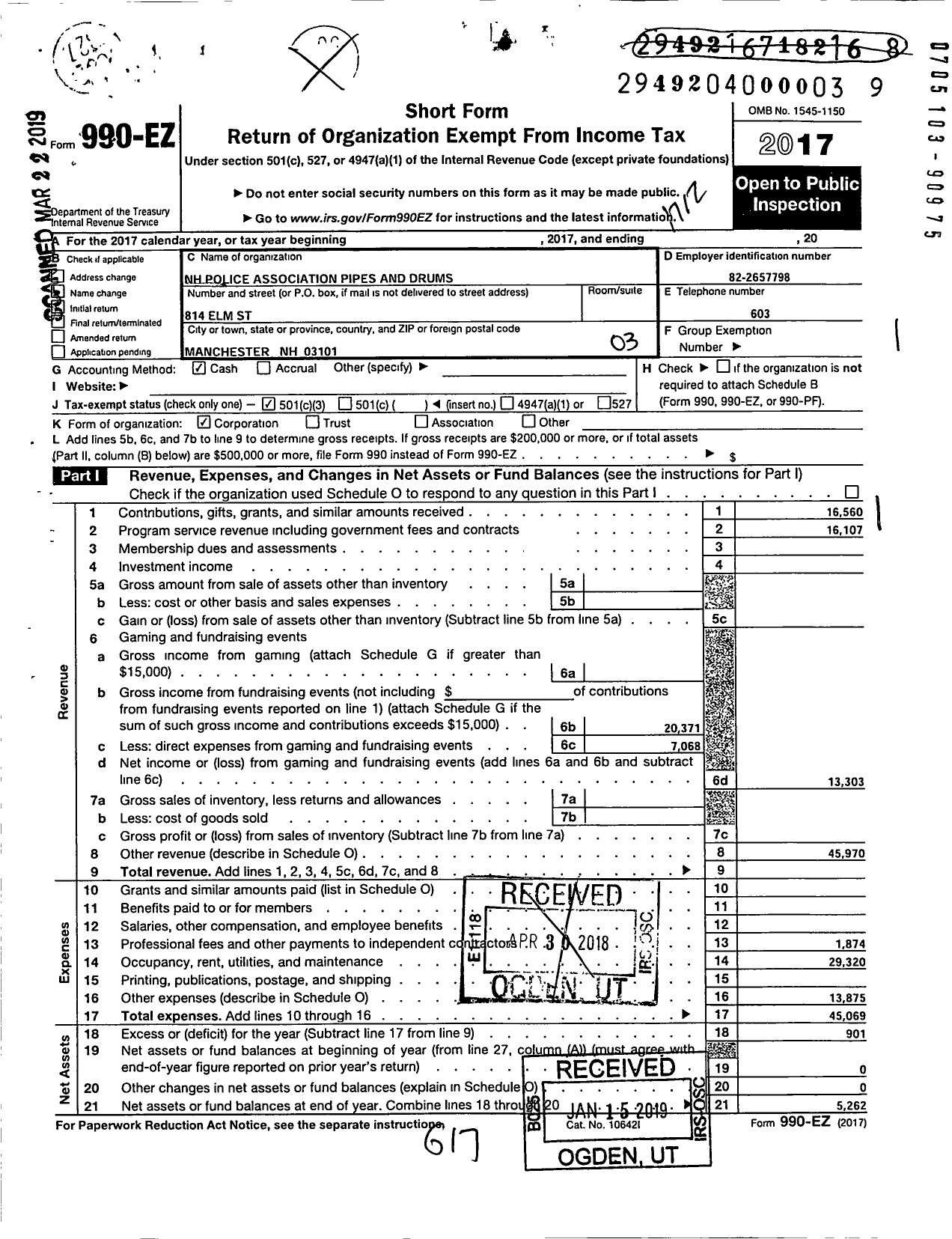 Image of first page of 2017 Form 990EZ for The New Hampshire Police Association Pipes and Drums