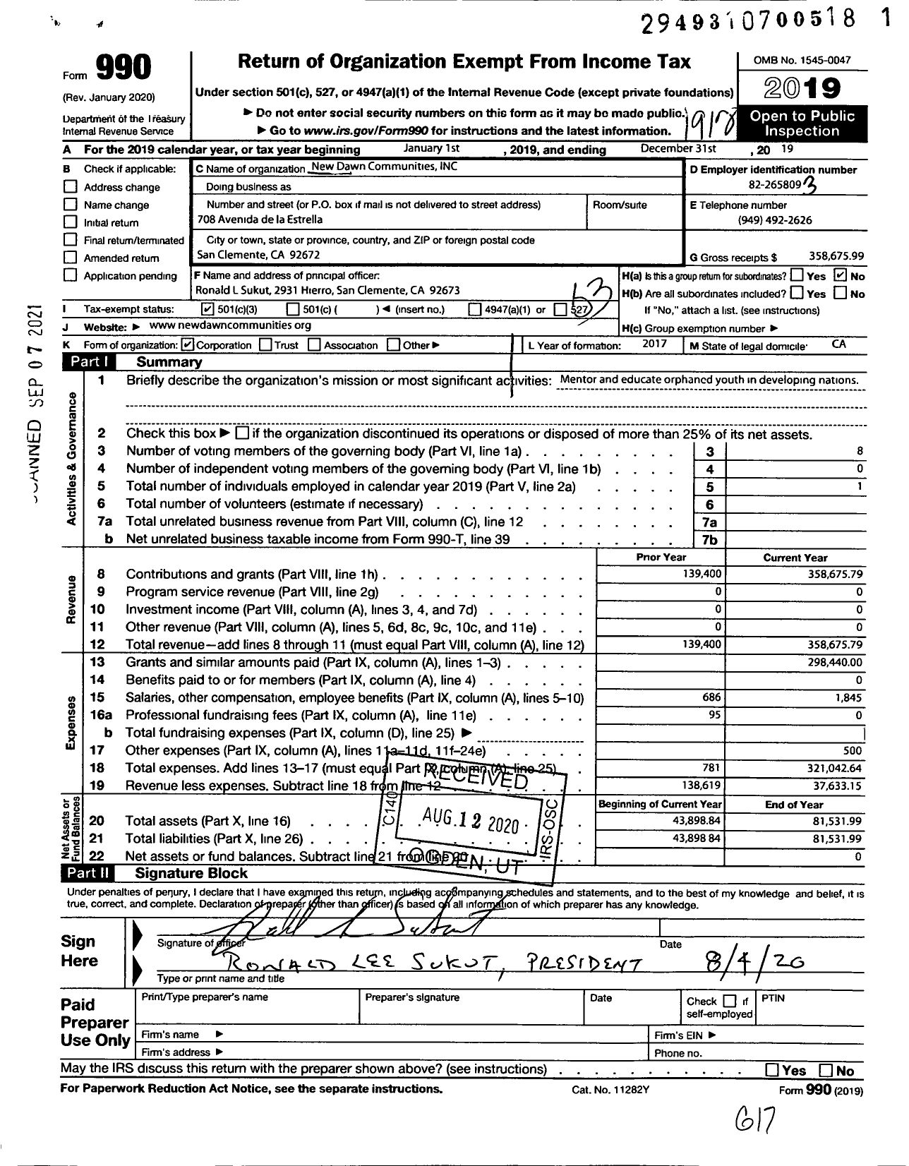 Image of first page of 2019 Form 990 for New Dawn Communities