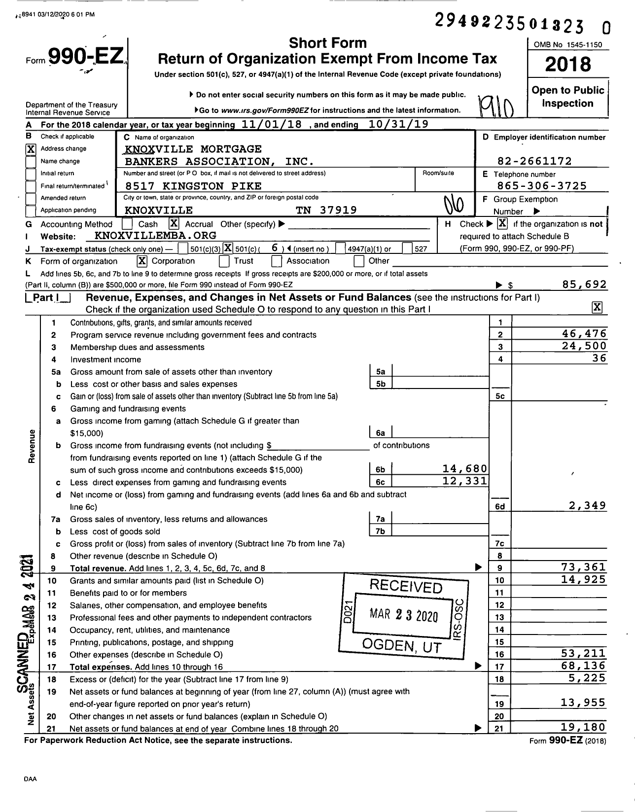 Image of first page of 2018 Form 990EO for Knoxville Mortgage Bankers Association