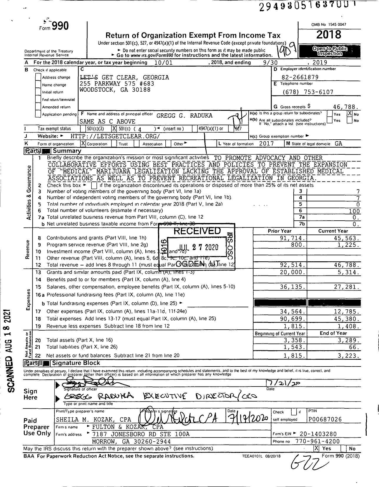 Image of first page of 2018 Form 990O for Georgians for Responsible Marijuana Policy