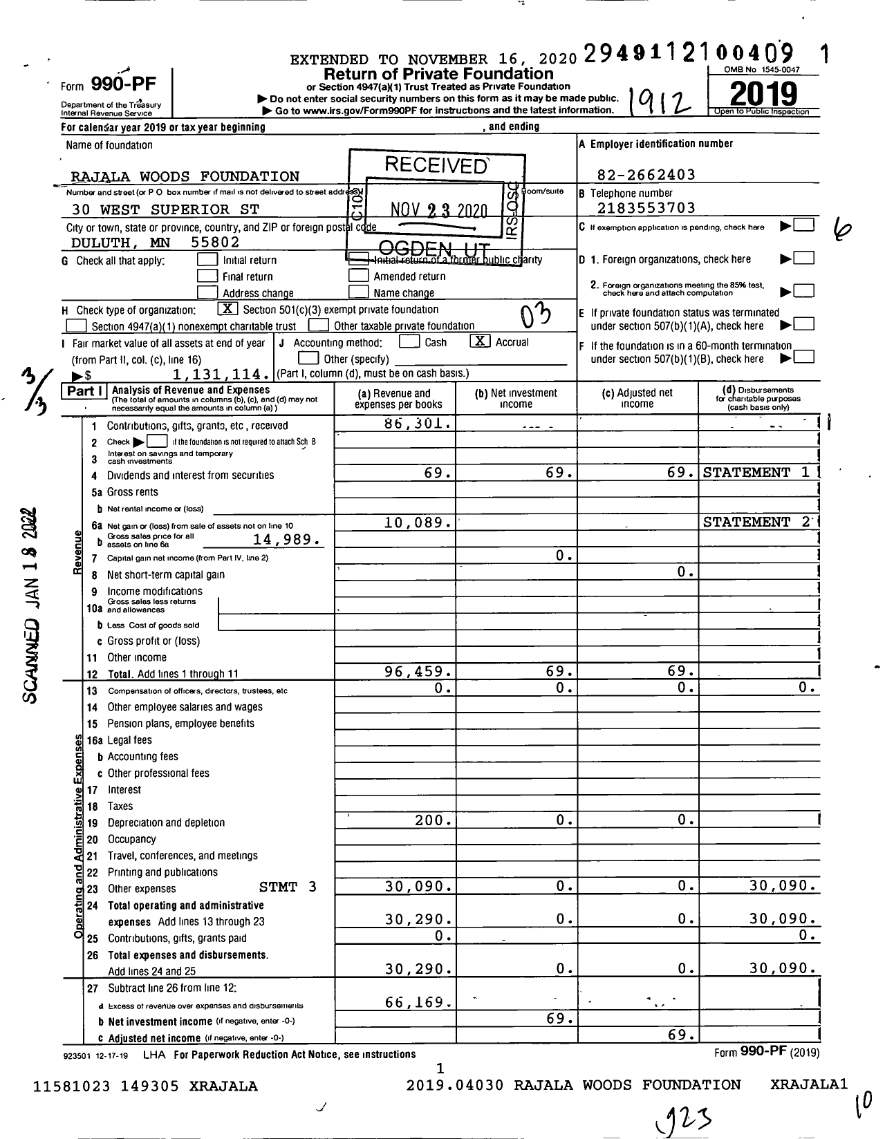 Image of first page of 2019 Form 990PF for Rajala Woods Foundation