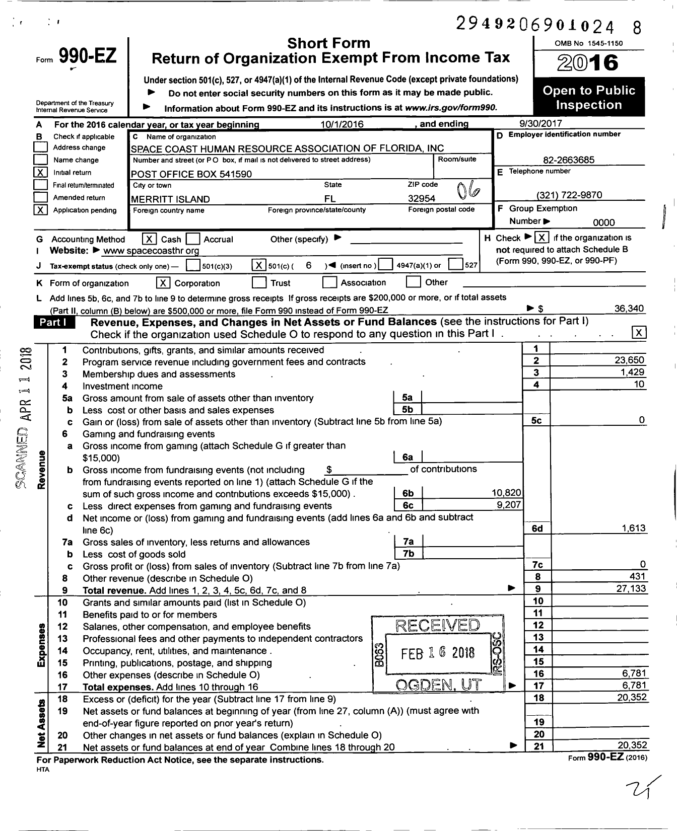 Image of first page of 2016 Form 990EO for Space Coast Human Resource Association of Florida