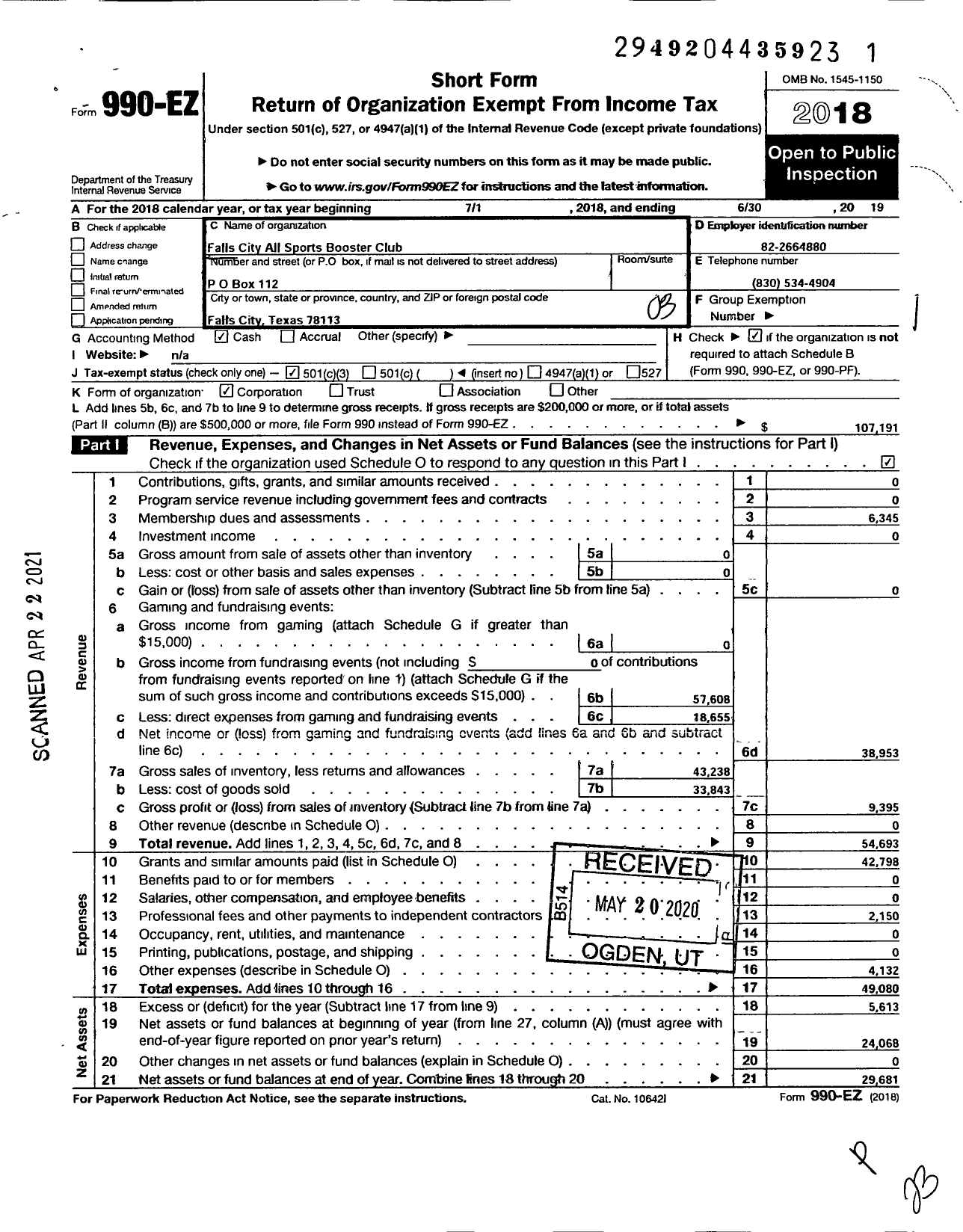 Image of first page of 2018 Form 990EZ for Falls City All Sports Booster Club