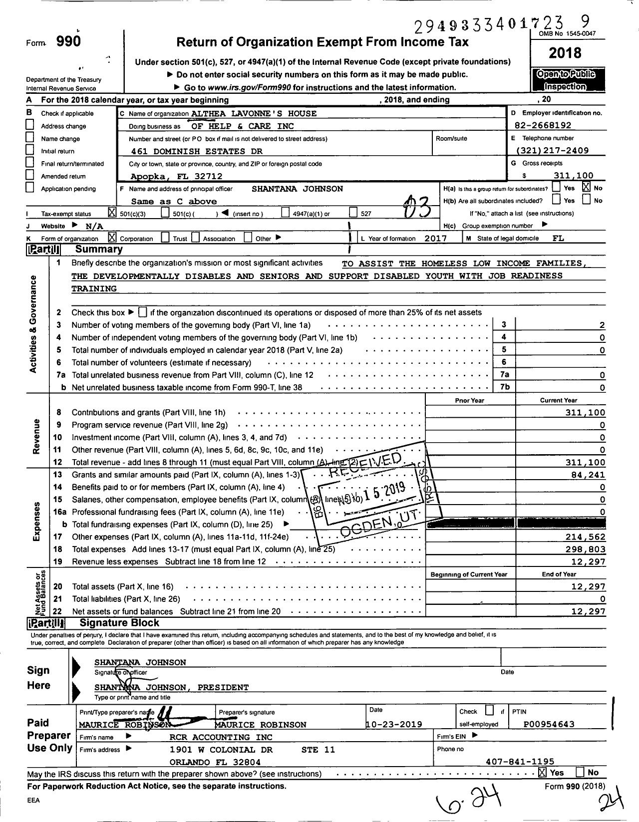 Image of first page of 2018 Form 990 for Althea Lavonnes House