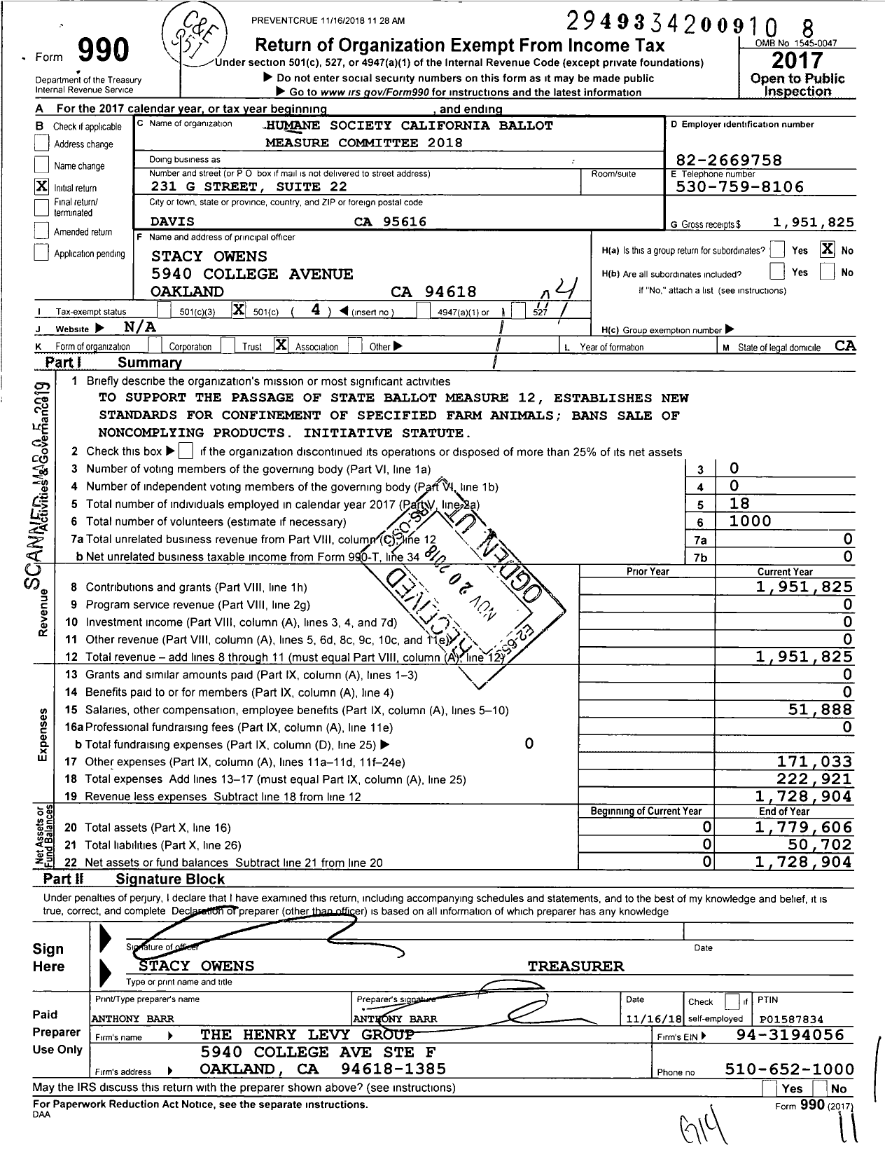 Image of first page of 2017 Form 990O for Prevent Cruelty California