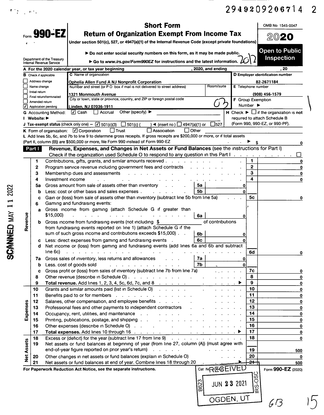 Image of first page of 2020 Form 990EZ for Ophelia Allen Fund A NJ Nonprofit Corporation