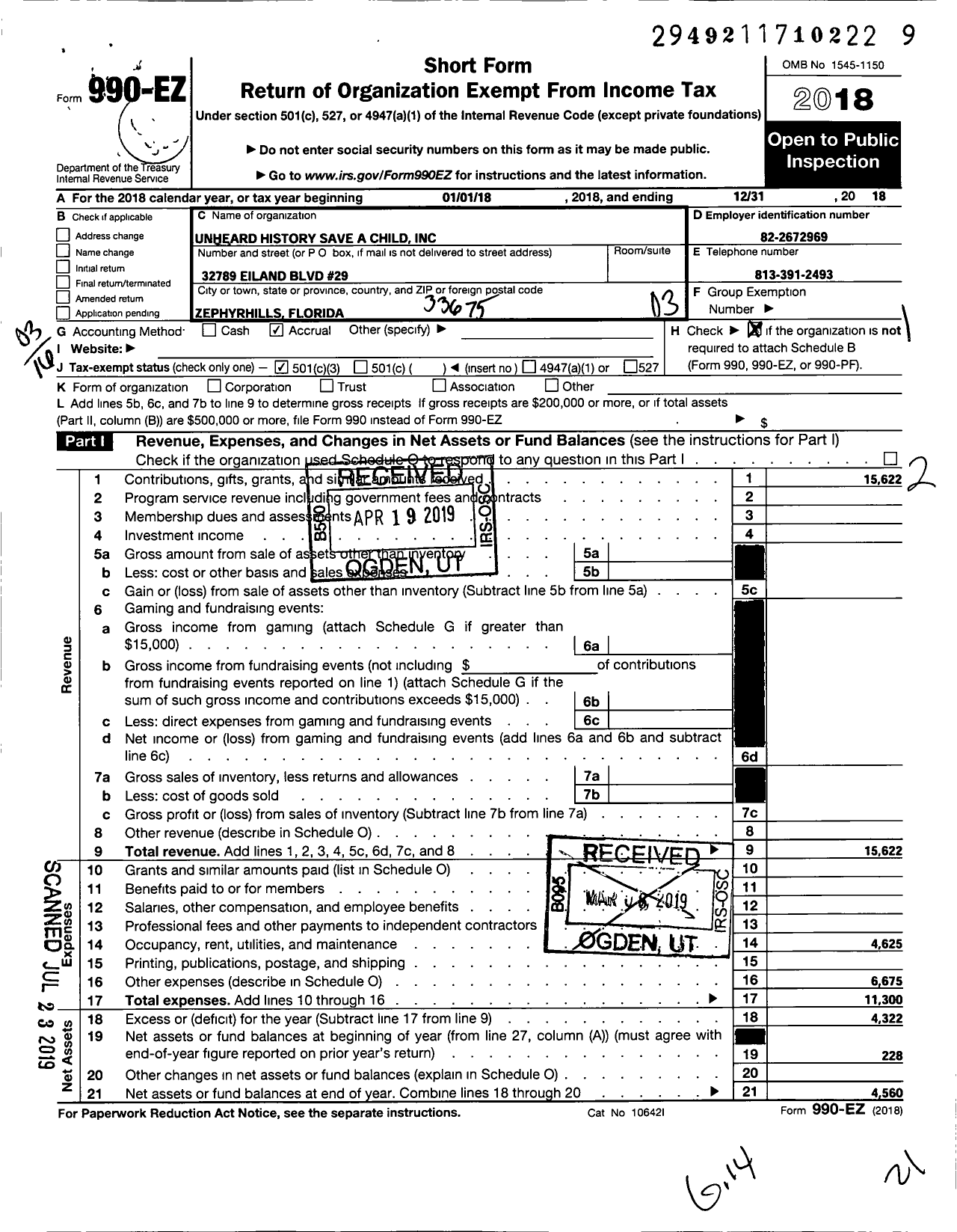 Image of first page of 2018 Form 990EZ for Unheard History -save A Child