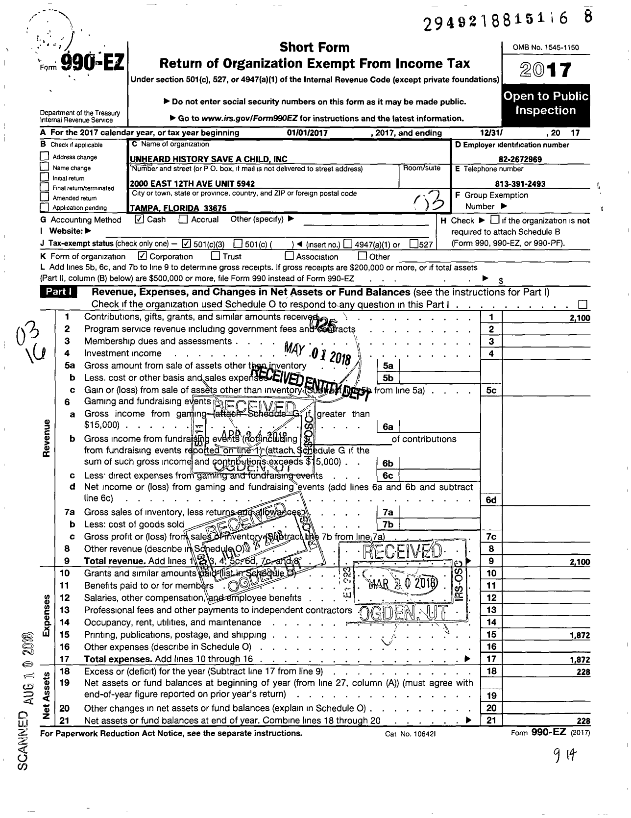 Image of first page of 2017 Form 990EZ for Unheard History -save A Child