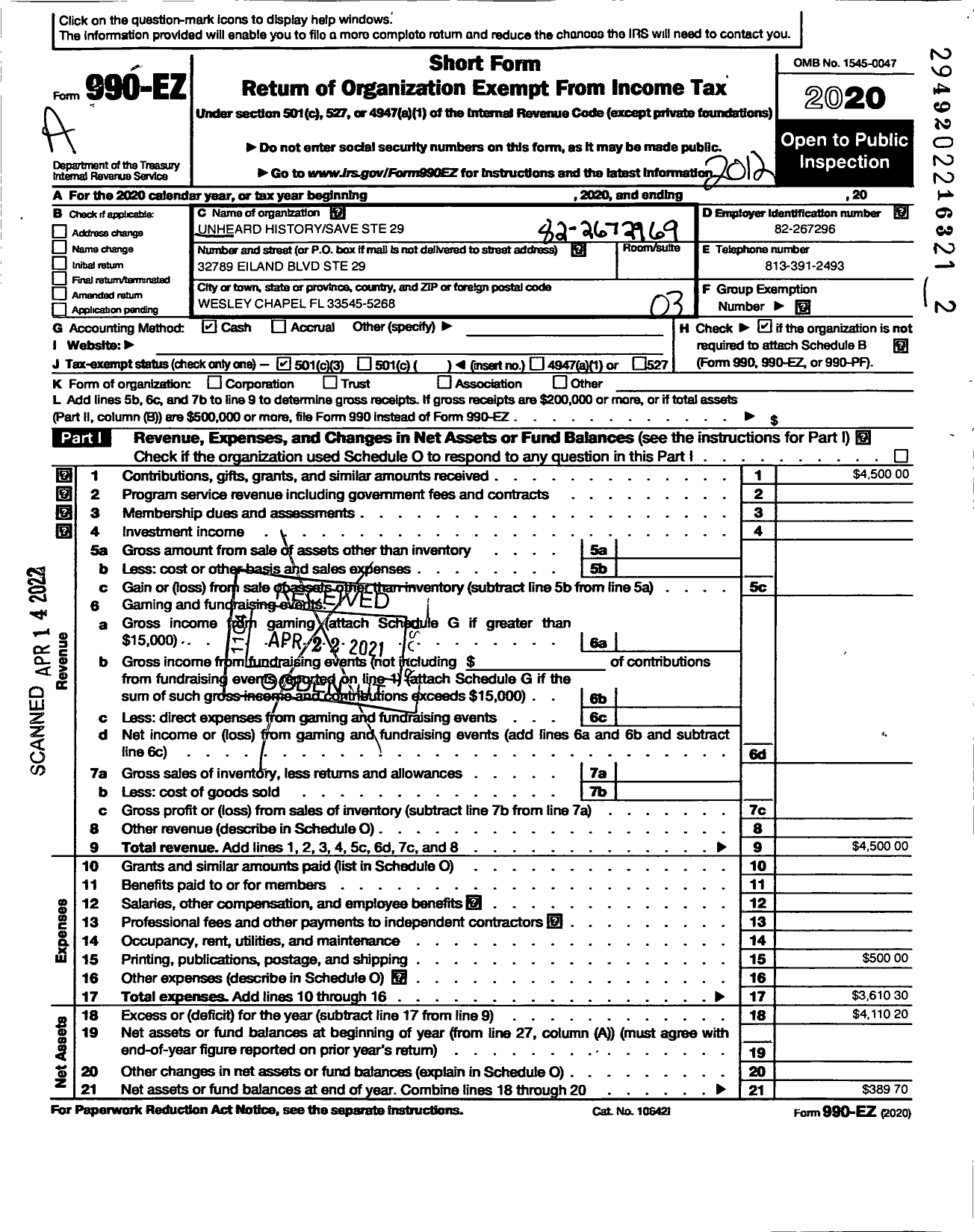 Image of first page of 2020 Form 990EZ for Unheard History -save A Child