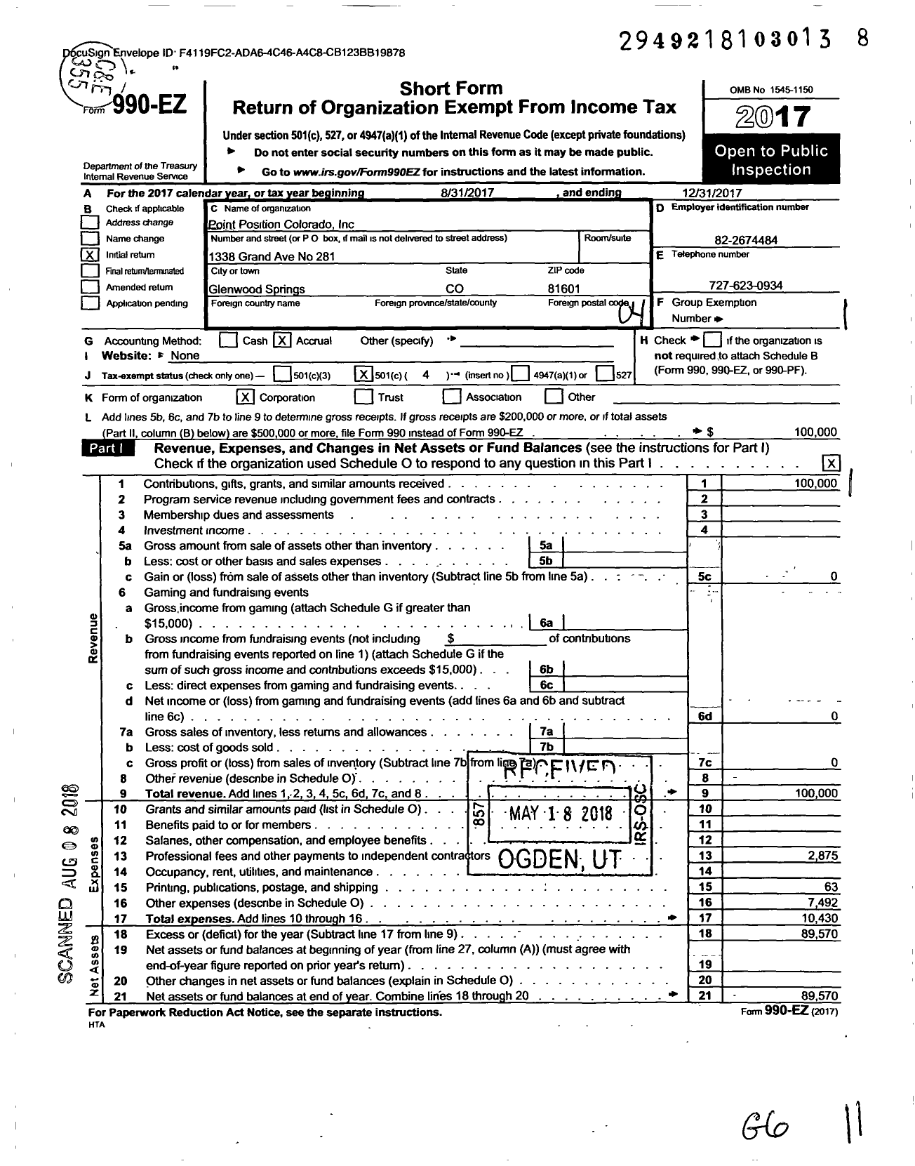 Image of first page of 2017 Form 990EO for Point Position Colorado