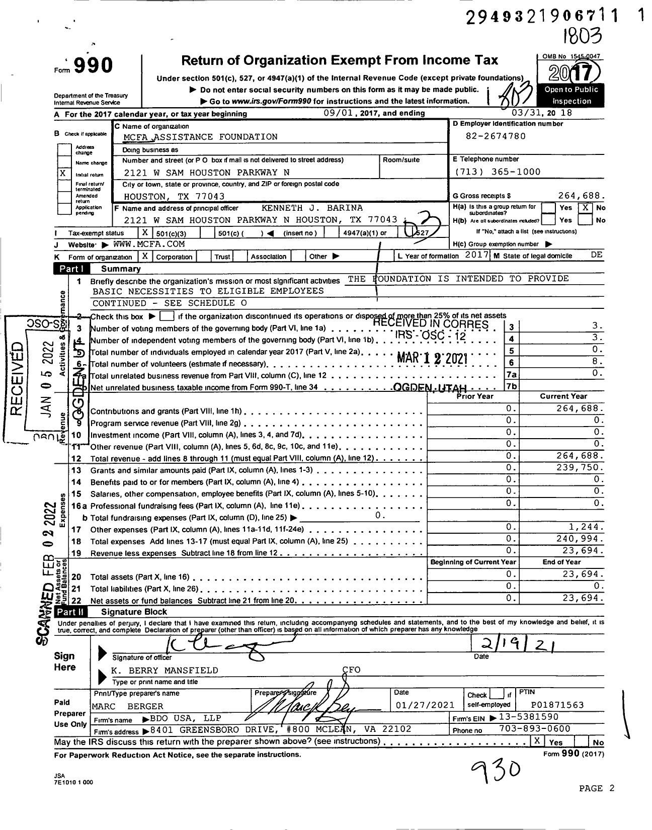 Image of first page of 2017 Form 990 for MITSUBISHI LOGISNEXT AMERICAS Assistance Foundation