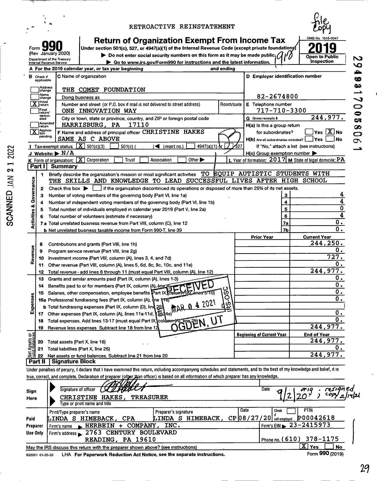 Image of first page of 2019 Form 990 for The Comet Foundation