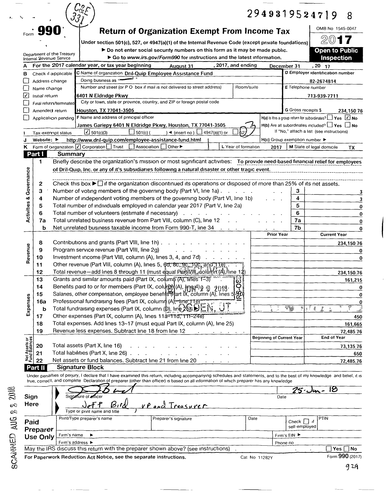 Image of first page of 2017 Form 990 for Dril-Quip Employee Assistance Fund