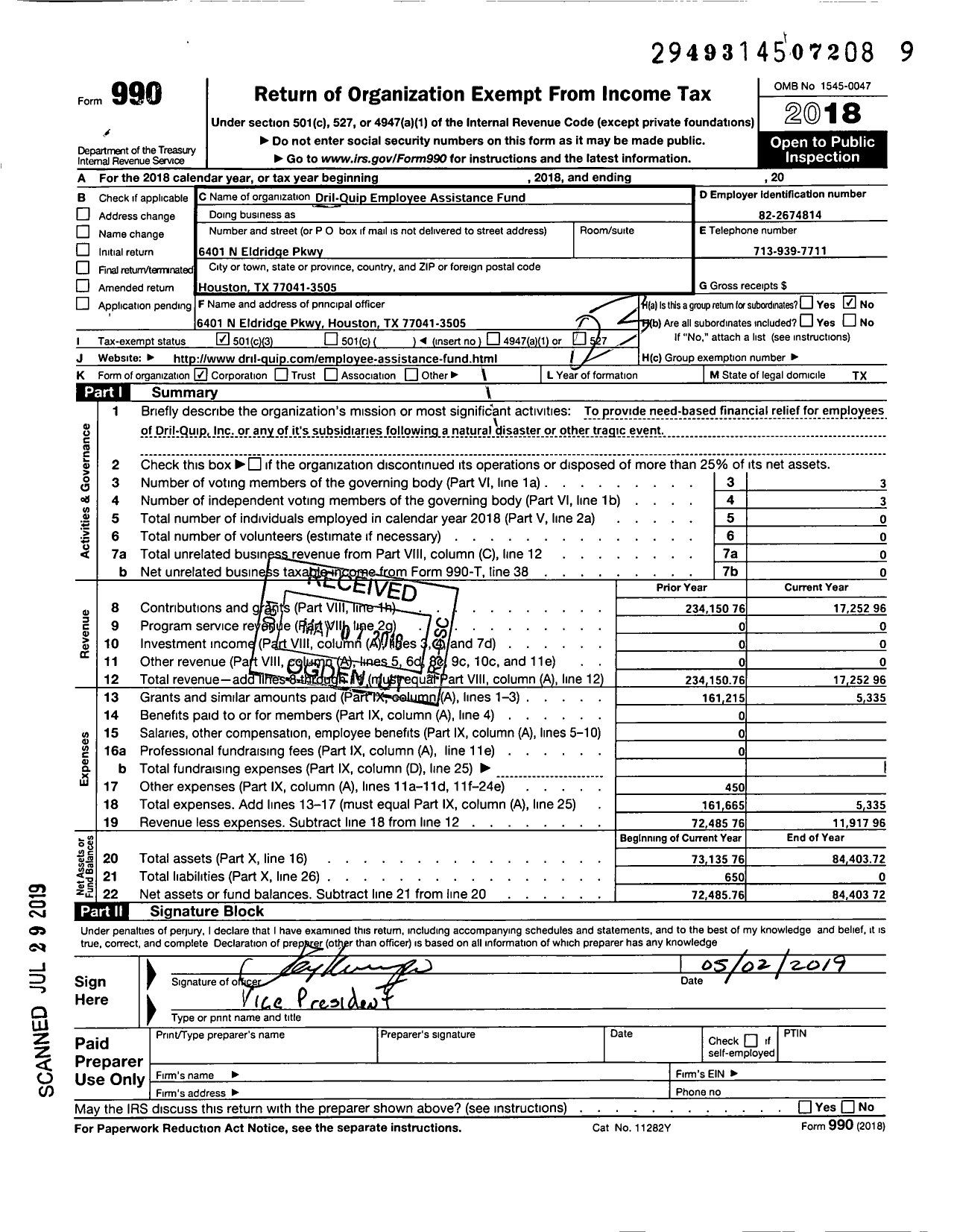 Image of first page of 2018 Form 990 for Dril-Quip Employee Assistance Fund