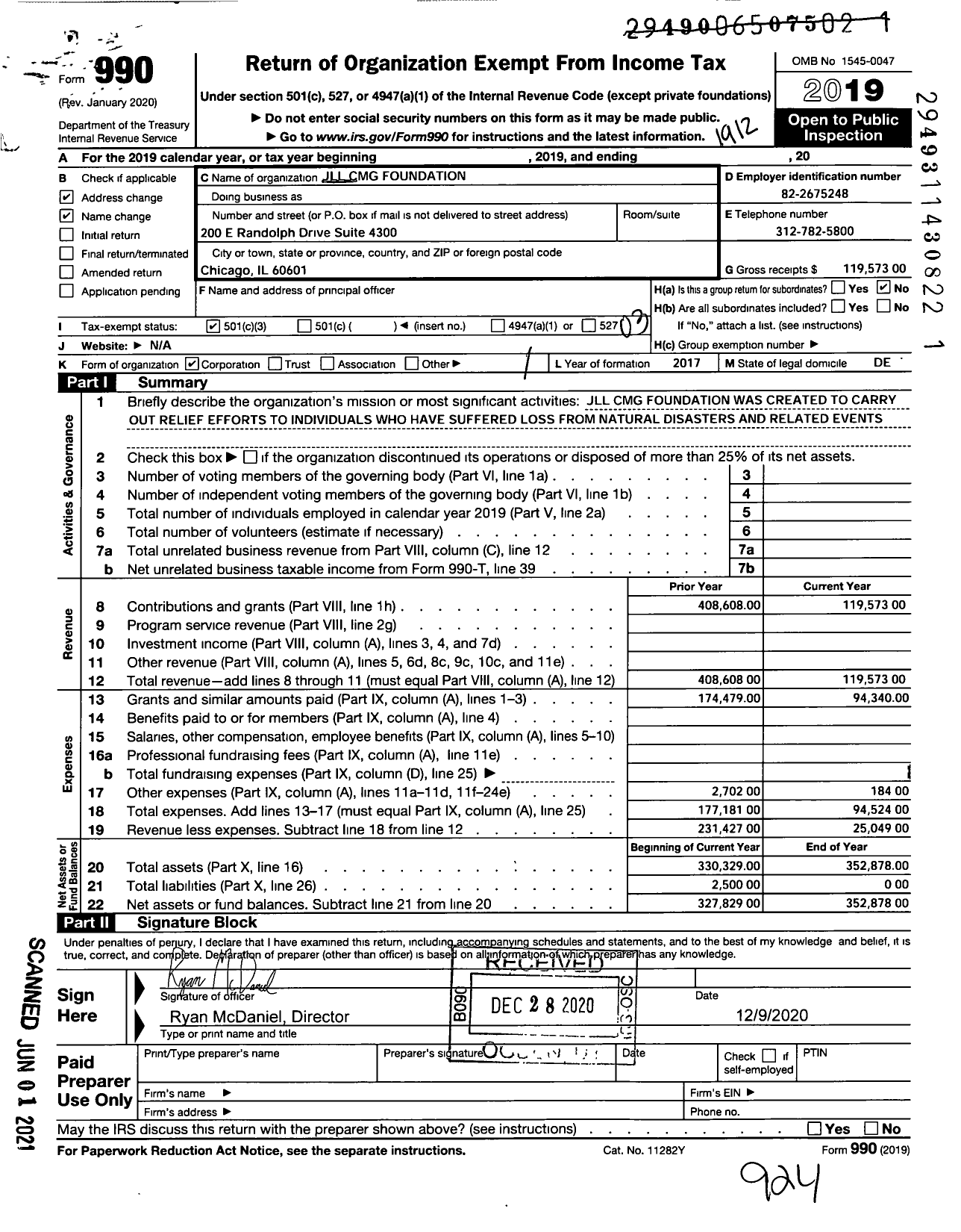 Image of first page of 2019 Form 990 for JLL CMG Foundation