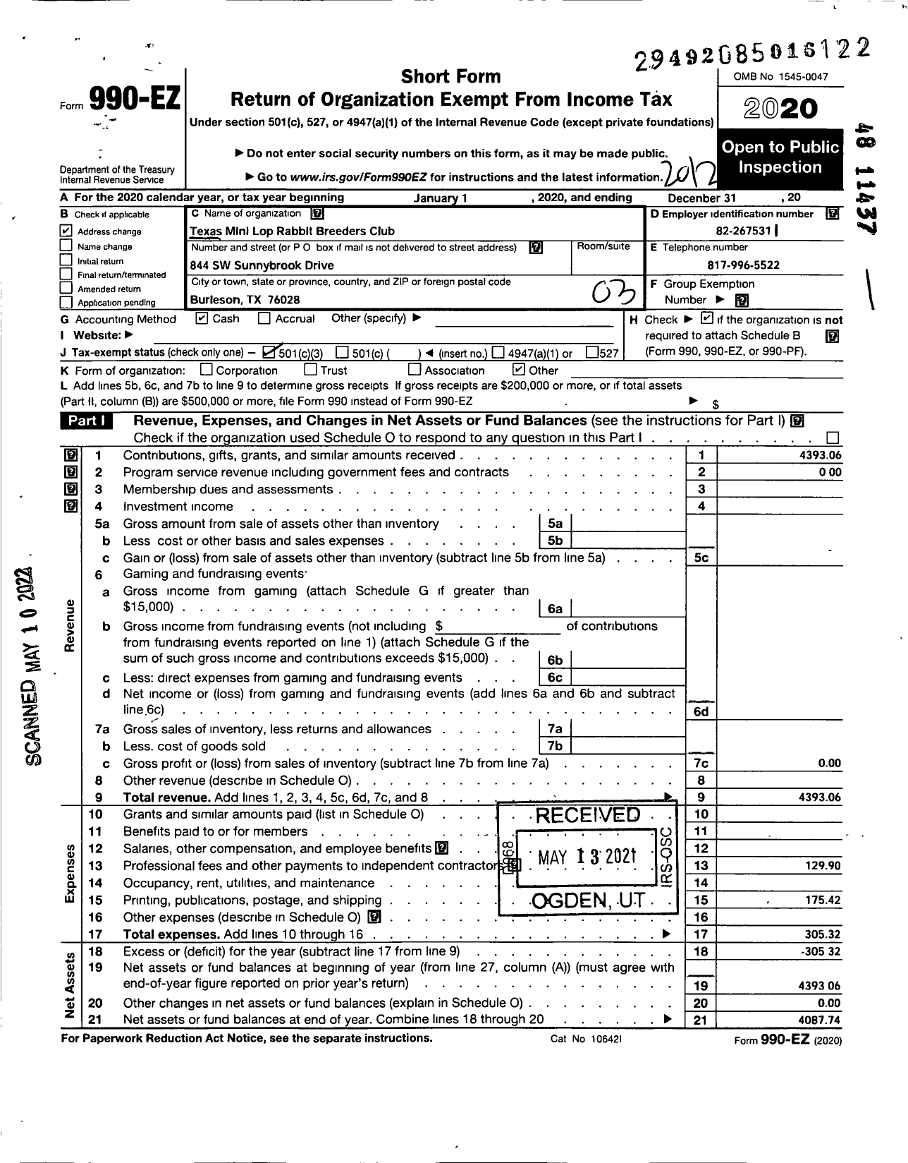 Image of first page of 2020 Form 990EZ for Texas Mini Lot Rabbit Breeders Club