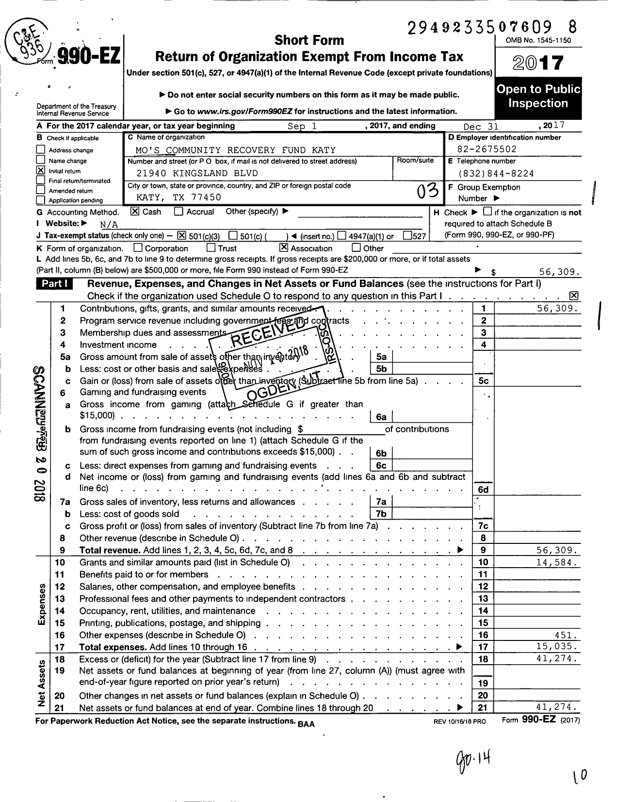 Image of first page of 2017 Form 990EZ for Mo's Community Recovery Fund Katy