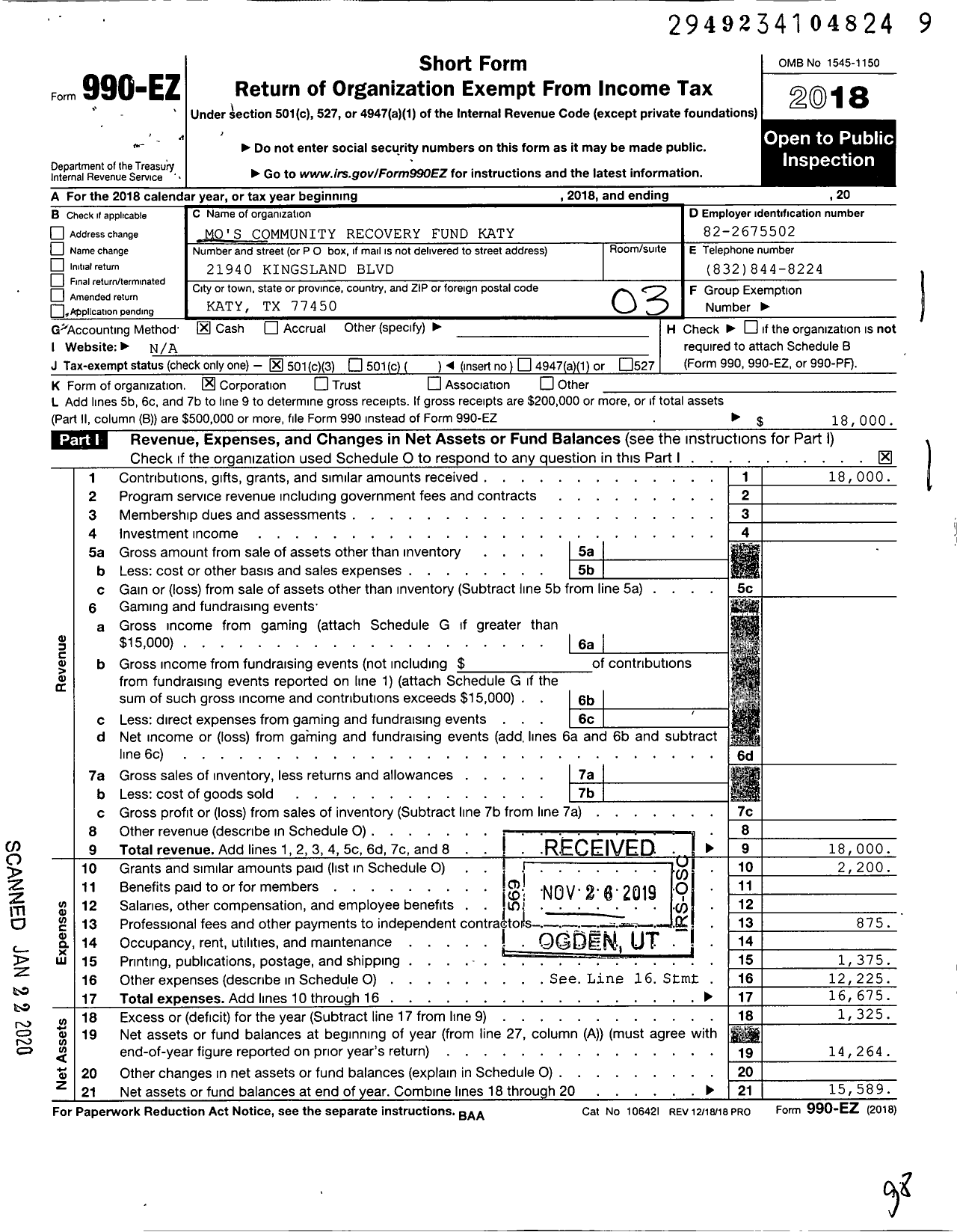 Image of first page of 2018 Form 990EZ for Mo's Community Recovery Fund Katy