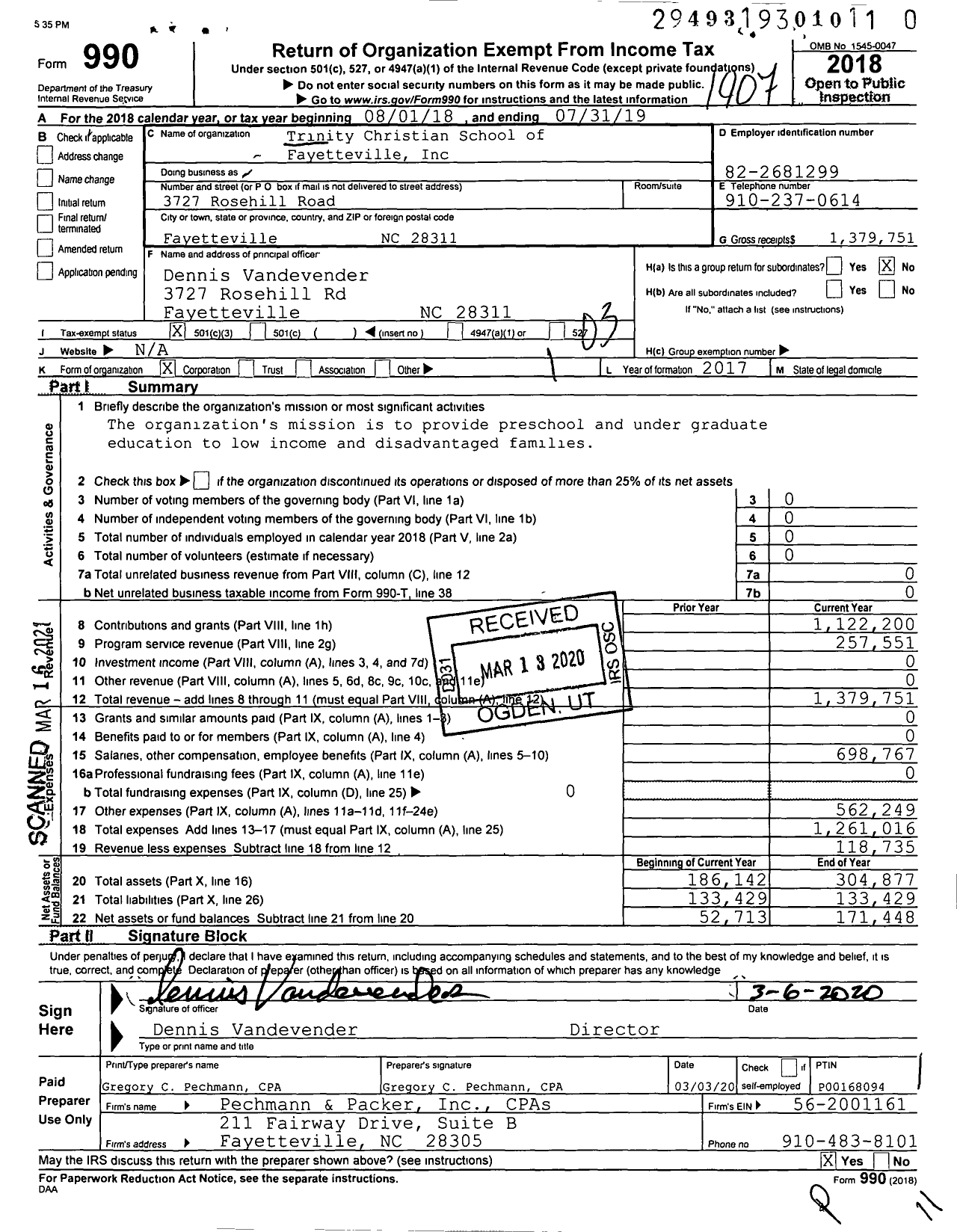 Image of first page of 2018 Form 990 for Trinity Christian School of Fayetteville