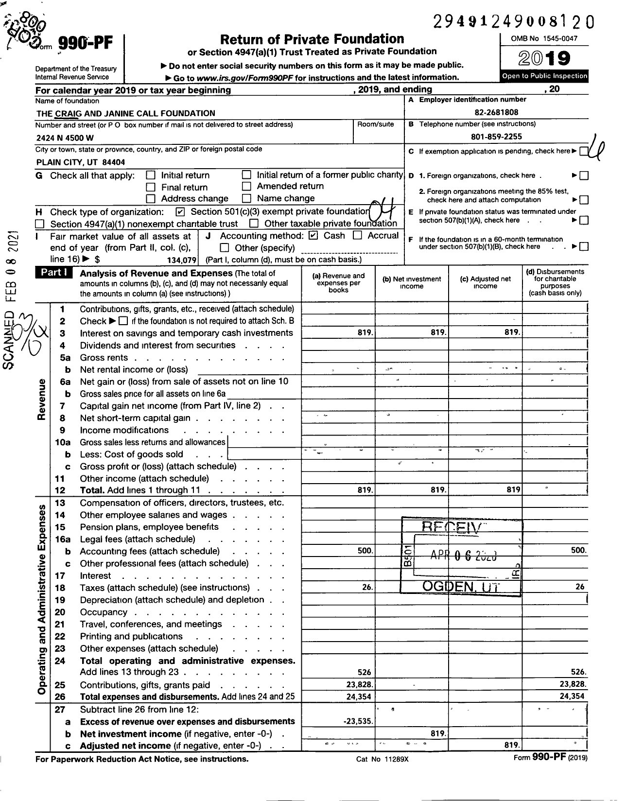 Image of first page of 2019 Form 990PF for The Craig and Janine Call Foundation