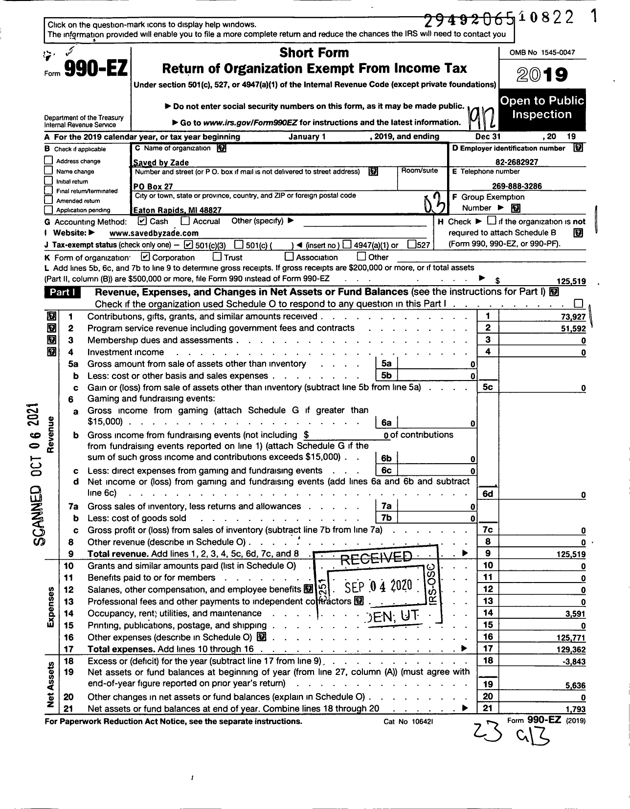 Image of first page of 2019 Form 990EZ for Saved by Zade