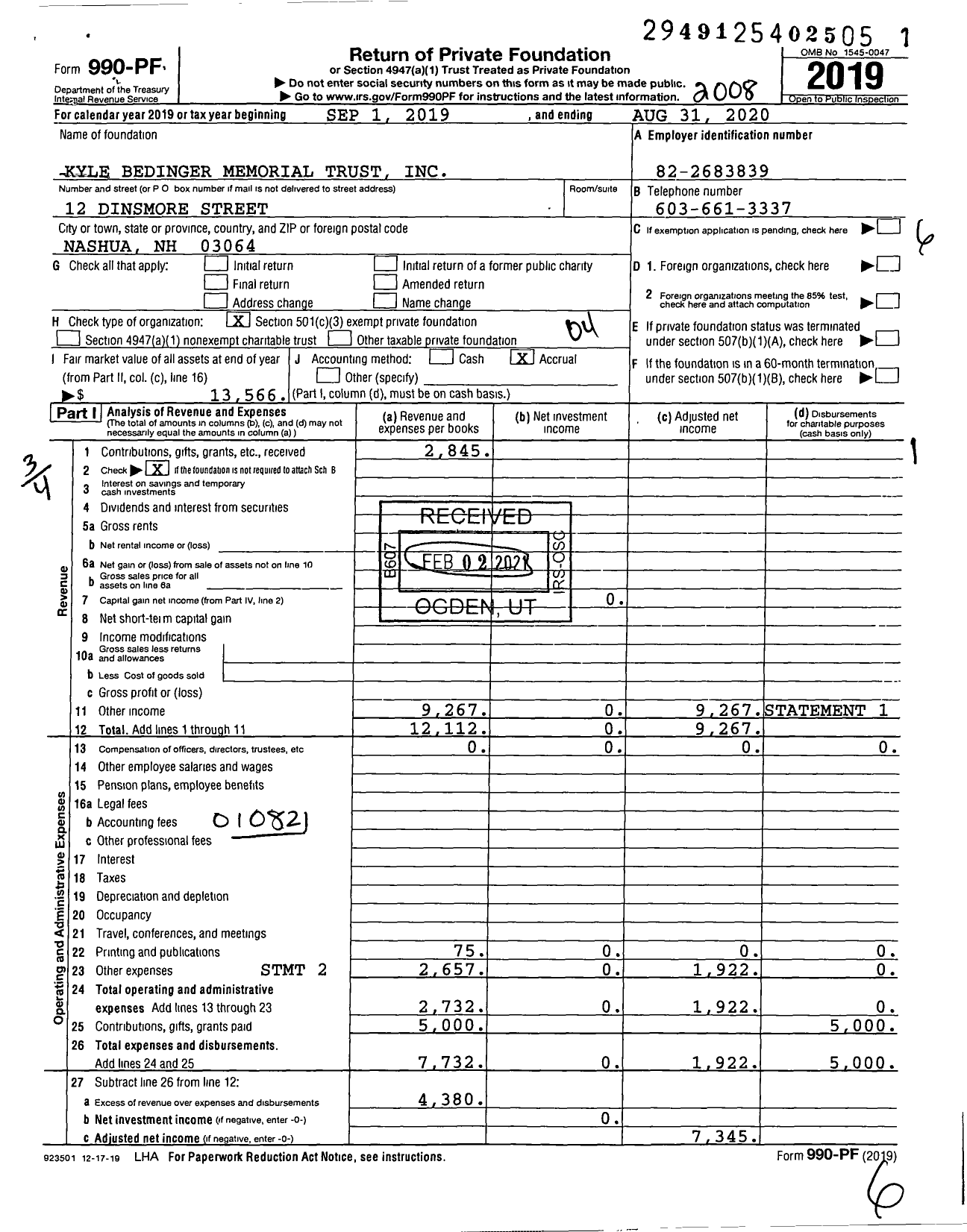 Image of first page of 2019 Form 990PF for Kyle Bedinger Memorial Trust