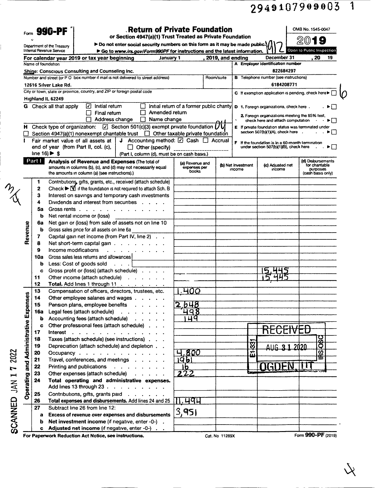 Image of first page of 2019 Form 990PF for Shine Conscious Consulting and Counseling