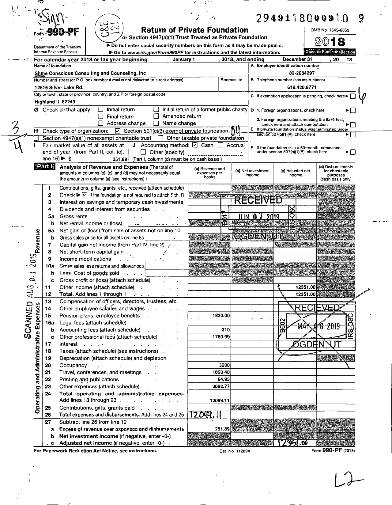 Image of first page of 2018 Form 990PF for Shine Conscious Consulting and Counseling