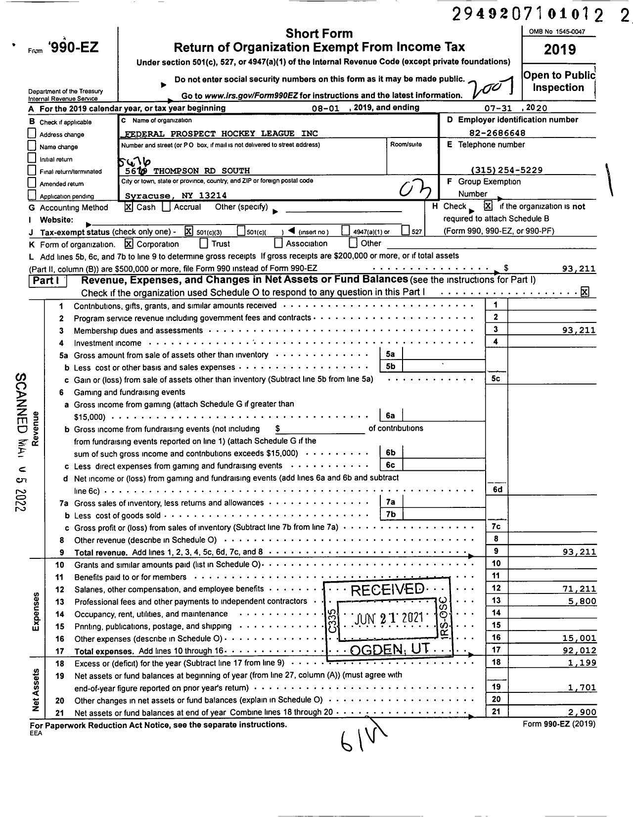 Image of first page of 2019 Form 990EZ for Federal Prospect Hockey Liague