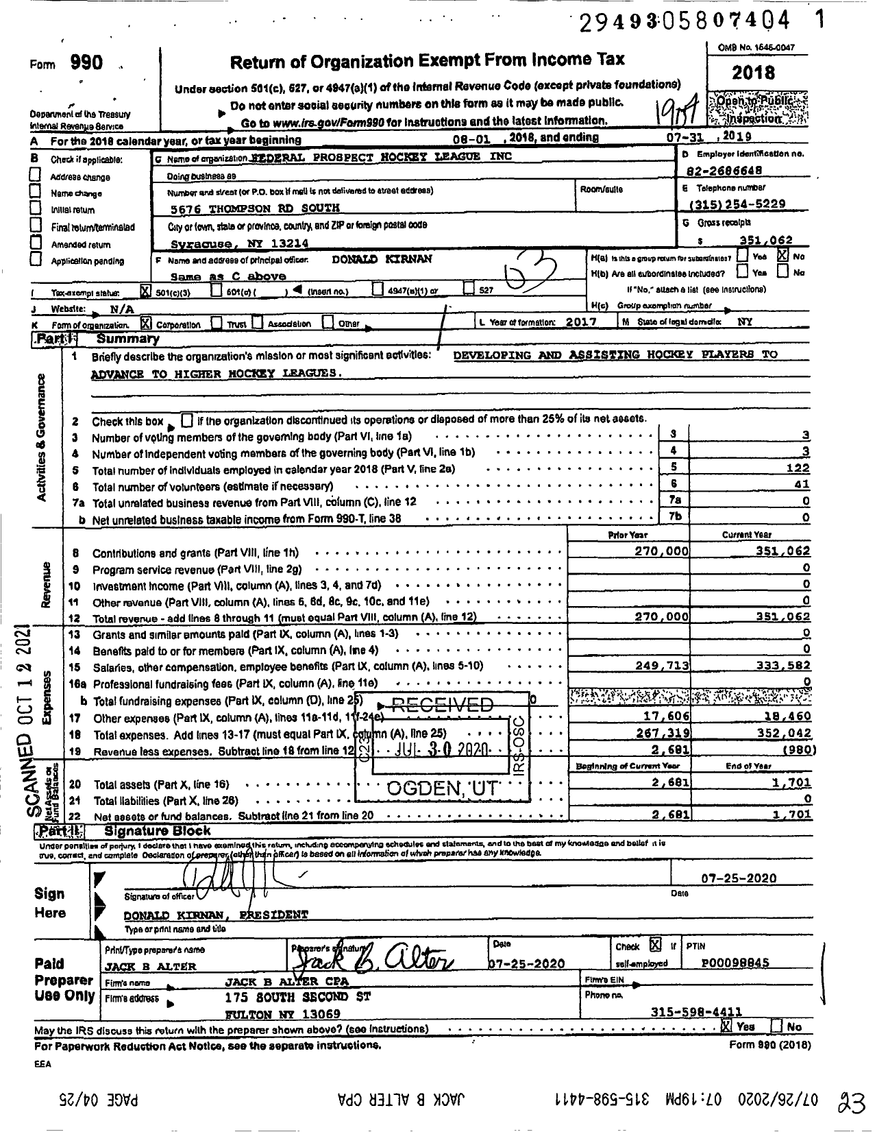 Image of first page of 2018 Form 990 for Federal Prospect Hockey Liague