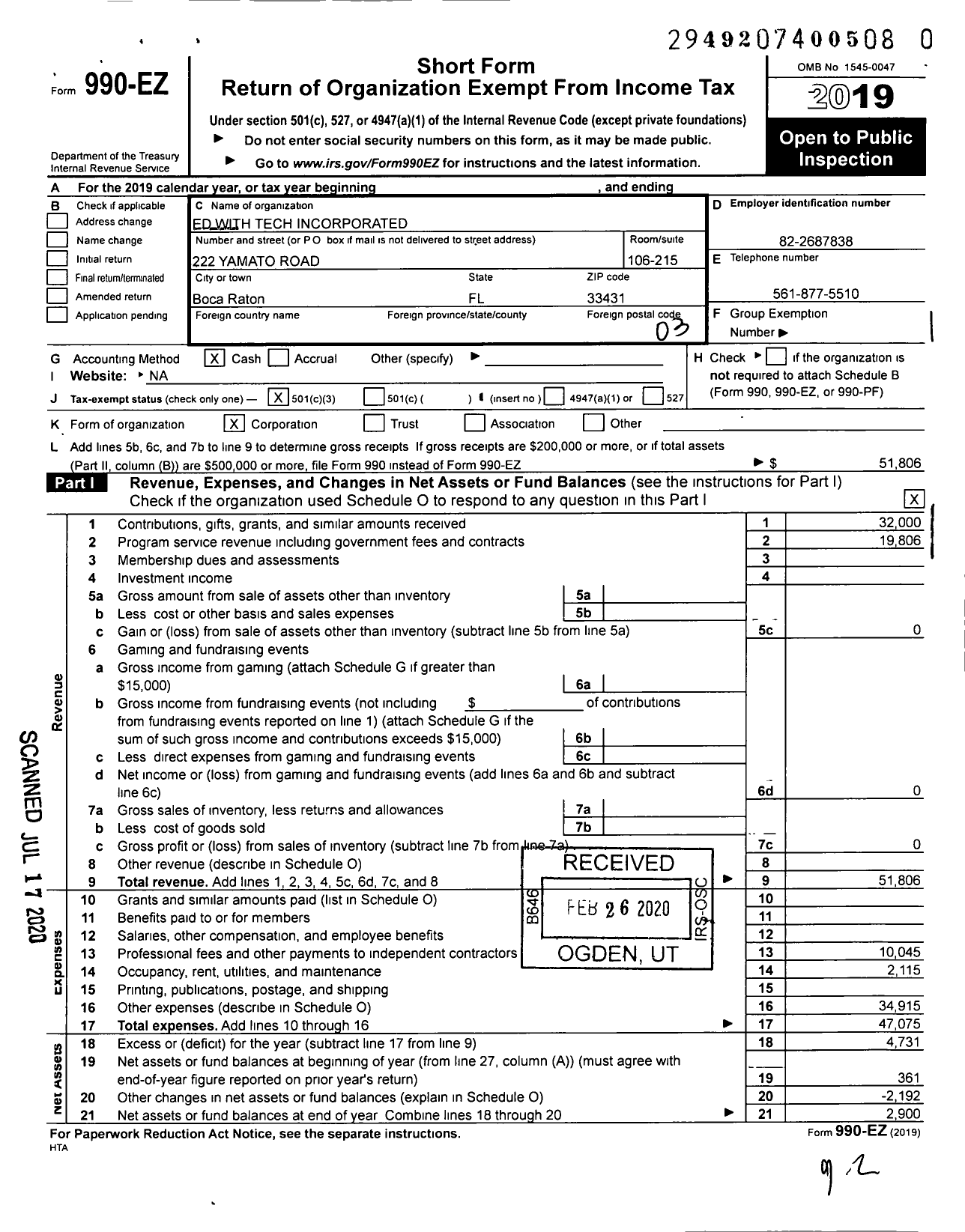 Image of first page of 2019 Form 990EZ for Ed with Tech Incorporated