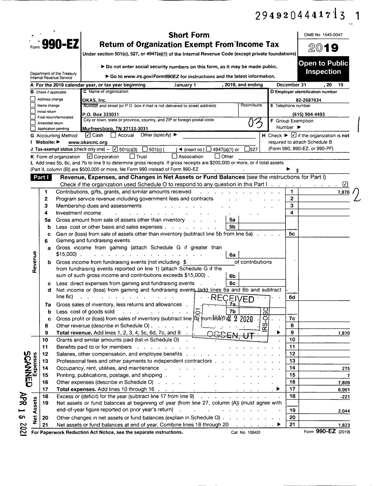 Image of first page of 2019 Form 990EZ for Okas