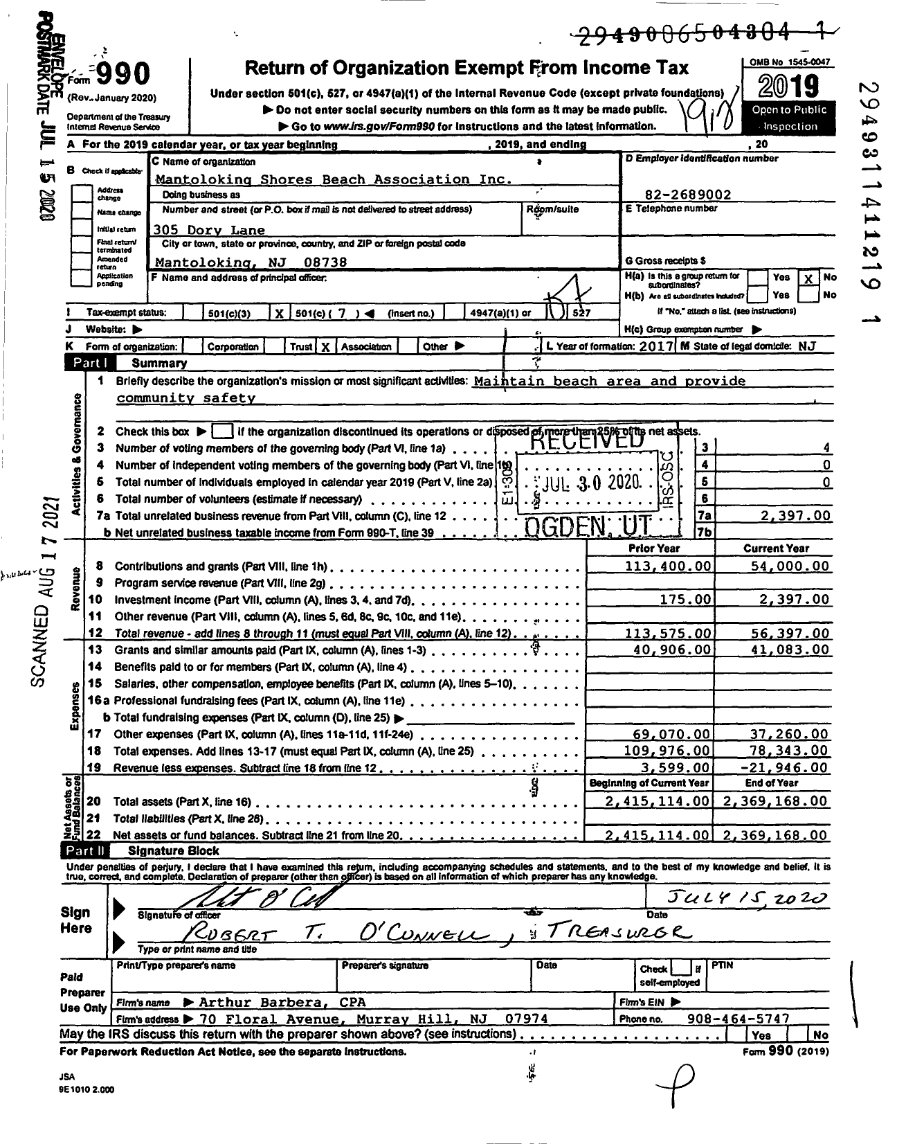 Image of first page of 2019 Form 990O for Mantoloking Shores Beach Association