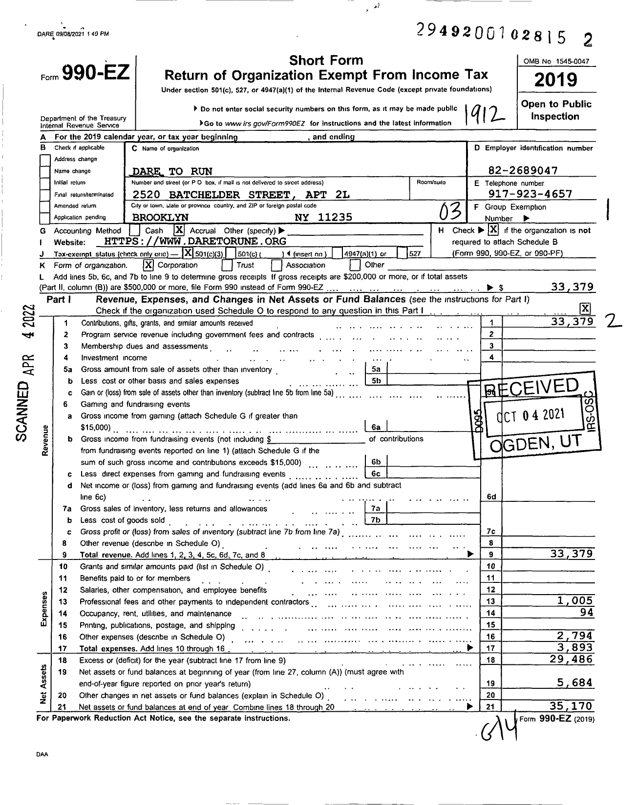 Image of first page of 2019 Form 990EZ for Dare To Run