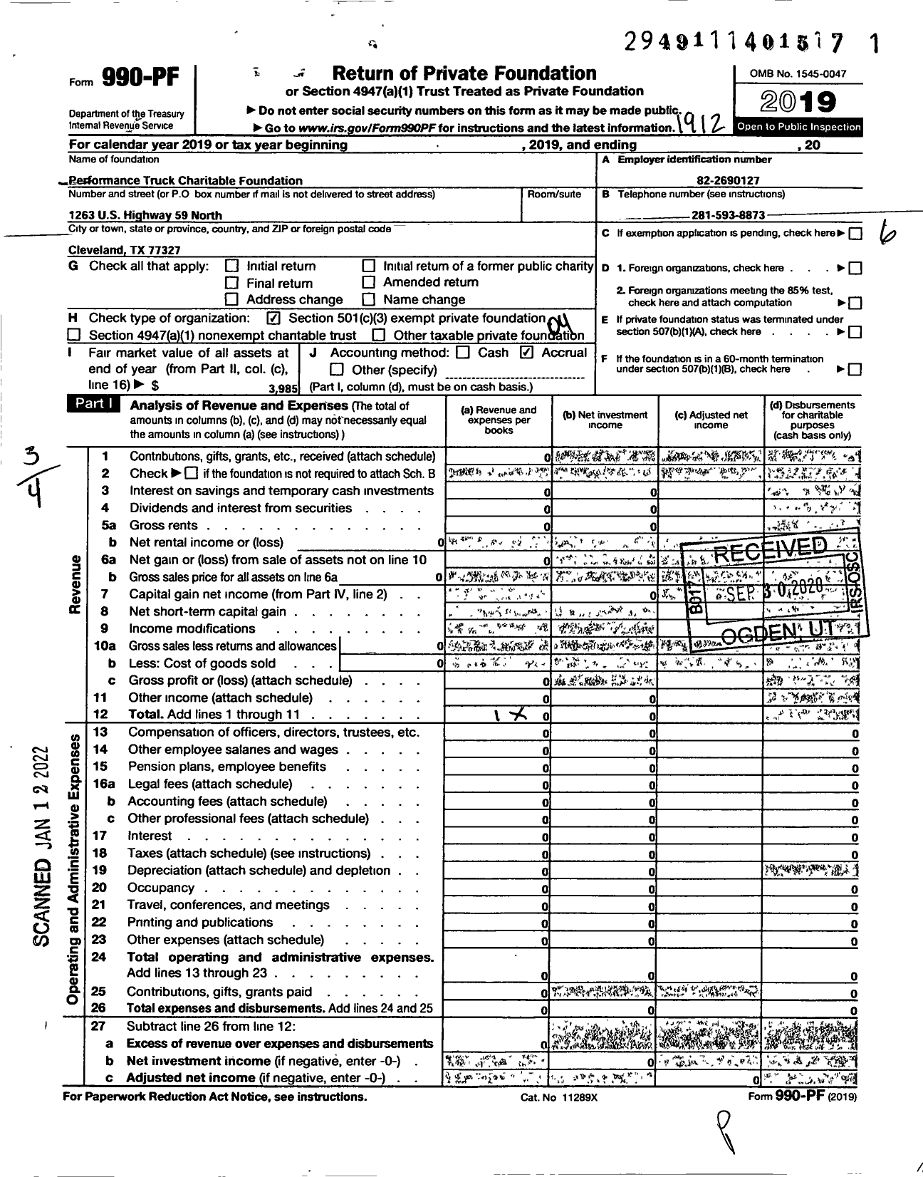 Image of first page of 2019 Form 990PF for Performance Truck Charitable Foundation