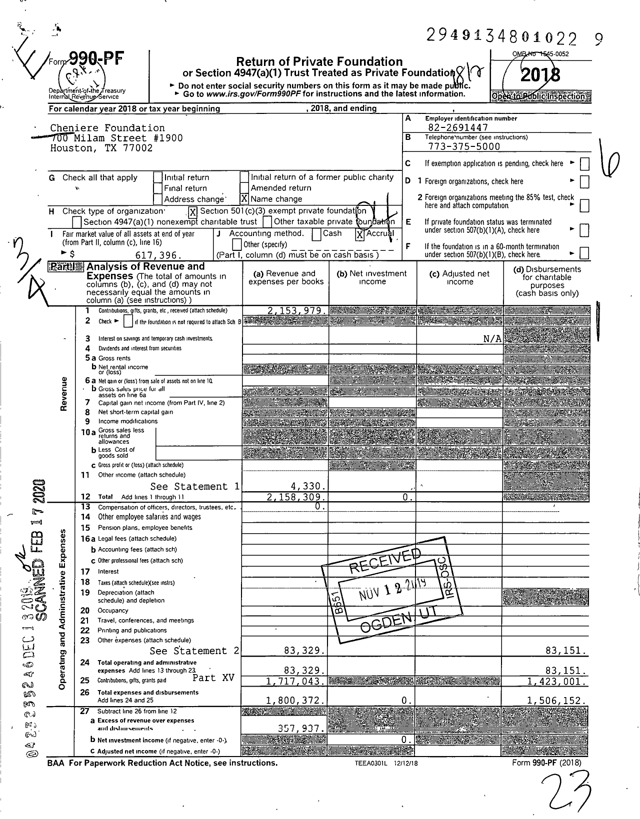 Image of first page of 2018 Form 990PF for Cheniere Foundation