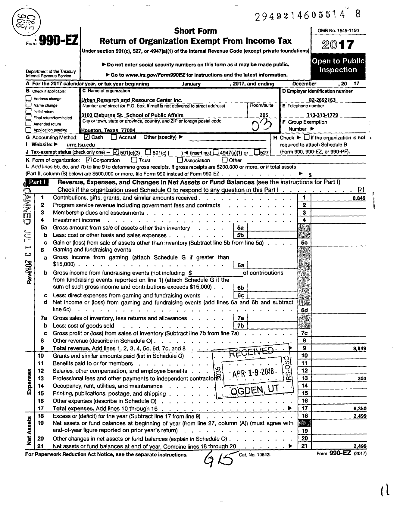 Image of first page of 2017 Form 990EZ for Urban Research and Resource Center