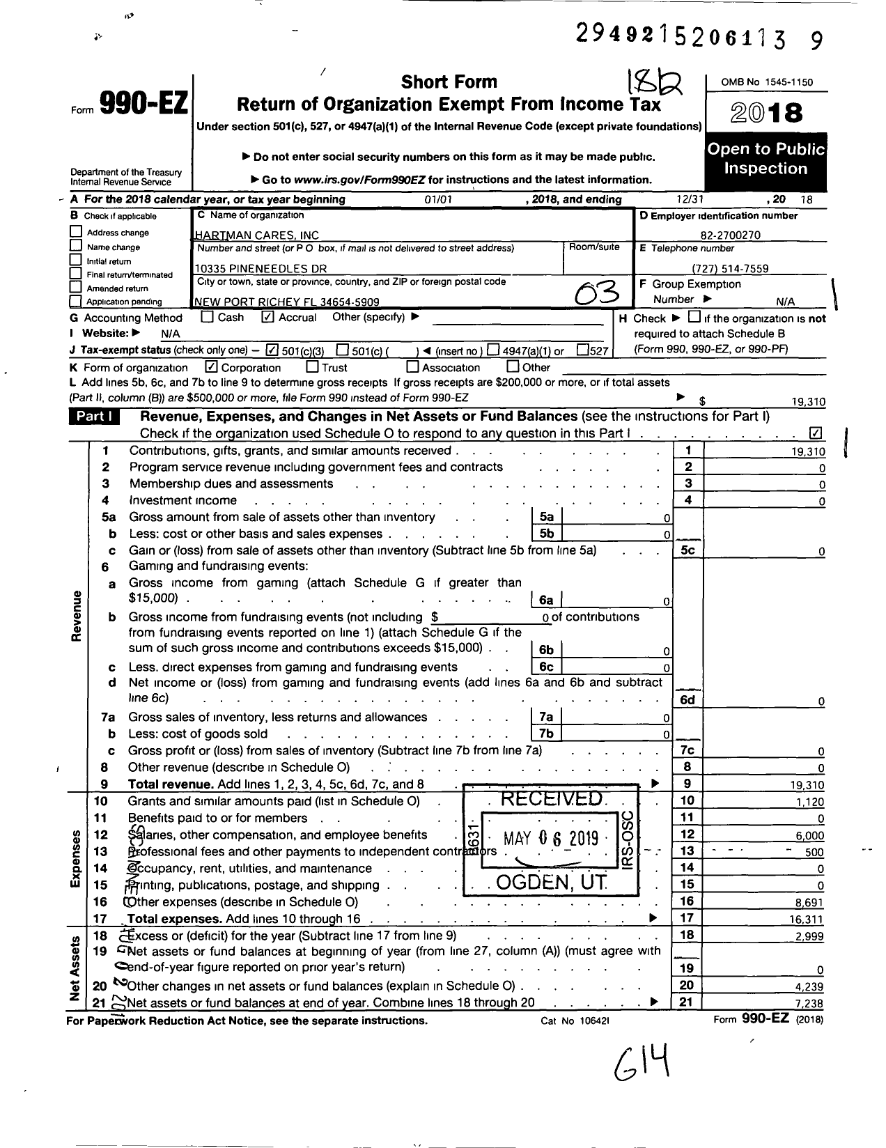 Image of first page of 2018 Form 990EZ for Hartman Cares